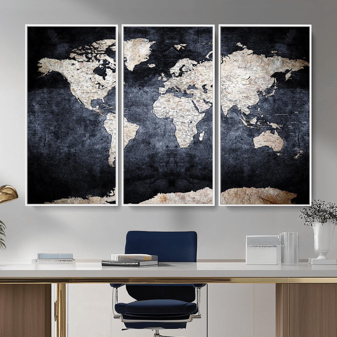 41193404-MGV-CV-36X24 - World Map Wall Art Canvas Print, Modern Decorative Framed Map Artwork Prints for Living Room, Office, Bedroom Wall Decor