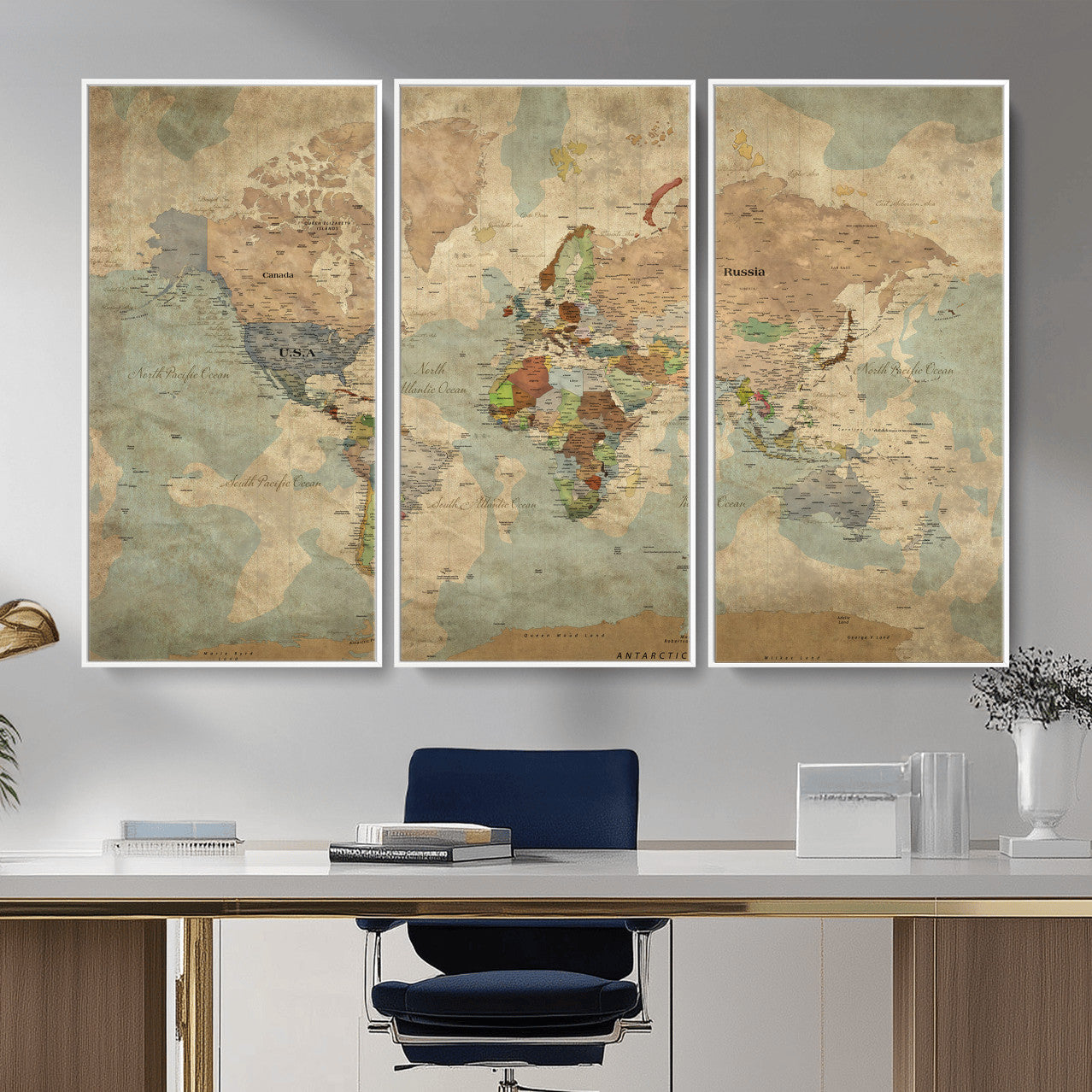 31492148-MGV-CV-36X24 - World Map Wall Art Canvas Print, Modern Decorative Framed Map Artwork Prints for Living Room, Office, Bedroom Wall Decor