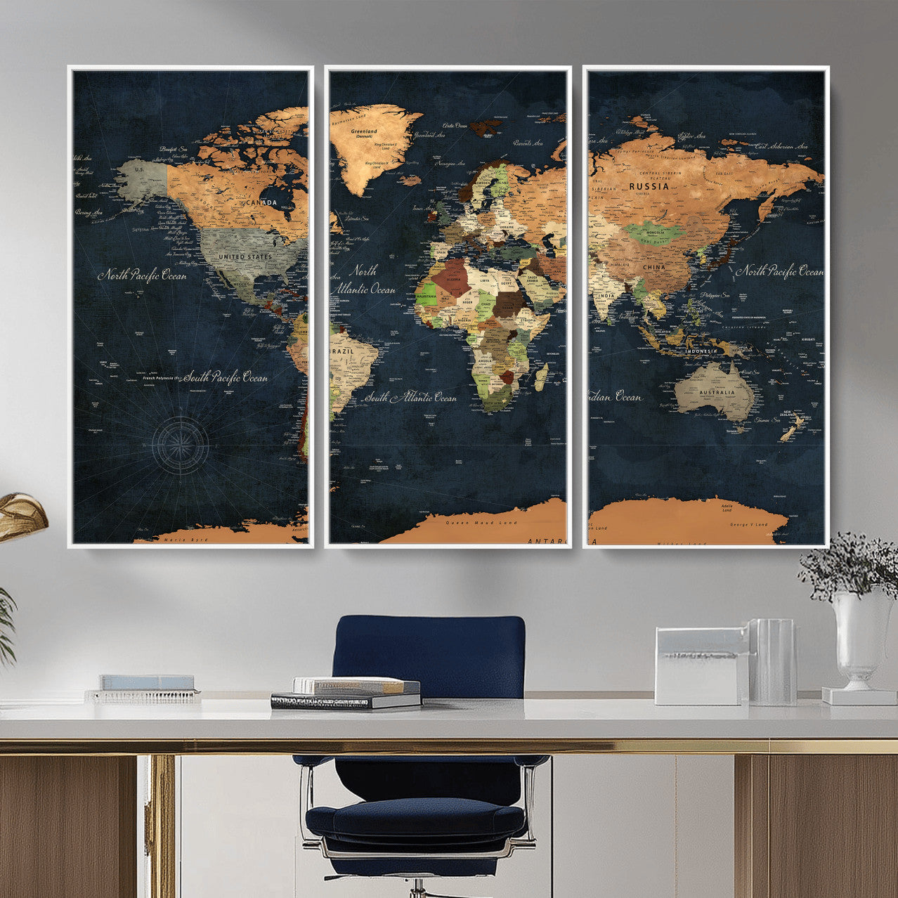 53717402-MGV-CV-36X24 - World Map Wall Art Canvas Print, Modern Decorative Framed Map Artwork Prints for Living Room, Office, Bedroom Wall Decor