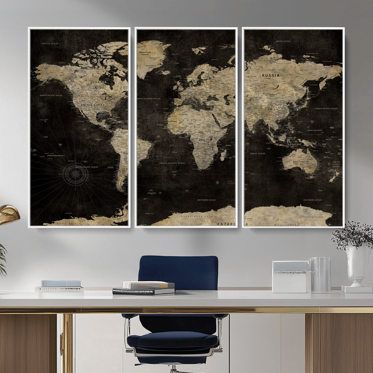60653880-MGV-CV-36X24 - World Map Wall Art Canvas Print, Modern Decorative Framed Map Artwork Prints for Living Room, Office, Bedroom Wall Decor