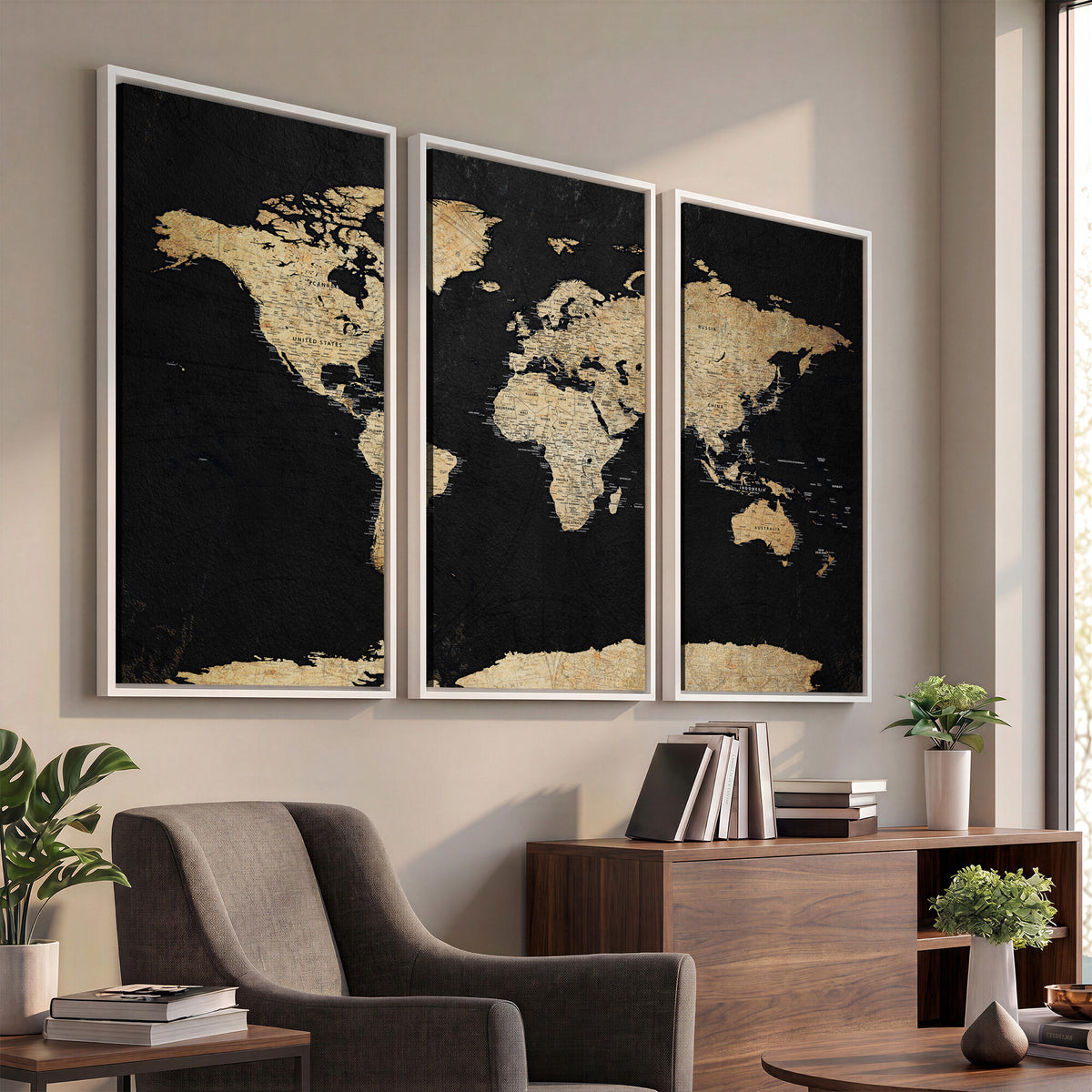 71518849-MGV-CV-36X24 - Beige World Map Canvas Wall Art Print, Minimal Black and