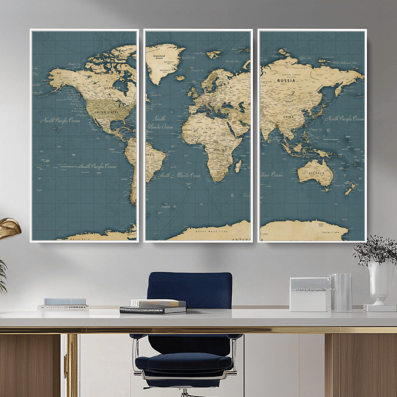 99599383-MGV-CV-36X24 - World Map Wall Art Canvas Print, Modern Decorative Framed Map Artwork Prints for Living Room, Office, Bedroom Wall Decor