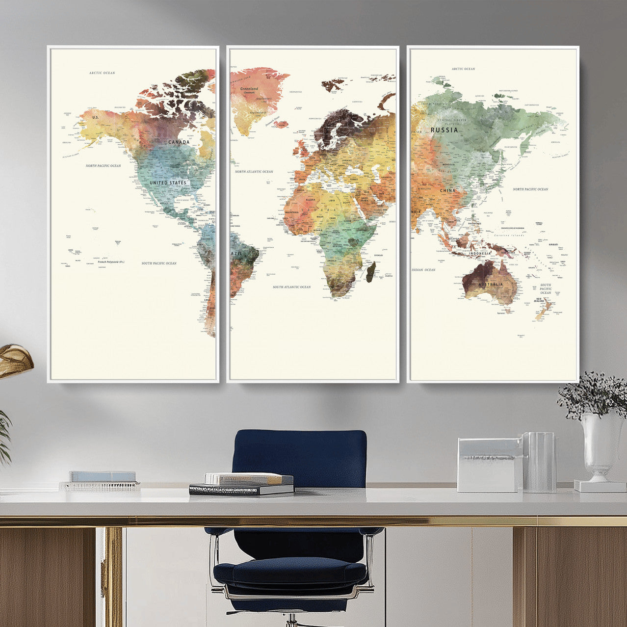 64206059-MGV-CV-36X24 - World Map Wall Art Canvas Print, Modern Decorative Framed Map Artwork Prints for Living Room, Office, Bedroom Wall Decor