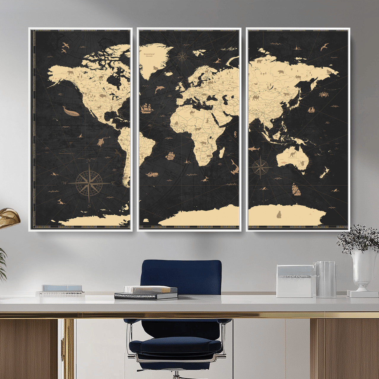 75220264-MGV-CV-36X24 - World Map Wall Art Canvas Print, Modern Decorative Framed Map Artwork Prints for Living Room, Office, Bedroom Wall Decor