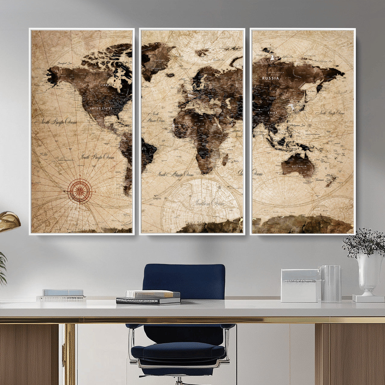 47657418-MGV-CV-36X24 - World Map Wall Art Canvas Print, Modern Decorative Framed Map Artwork Prints for Living Room, Office, Bedroom Wall Decor