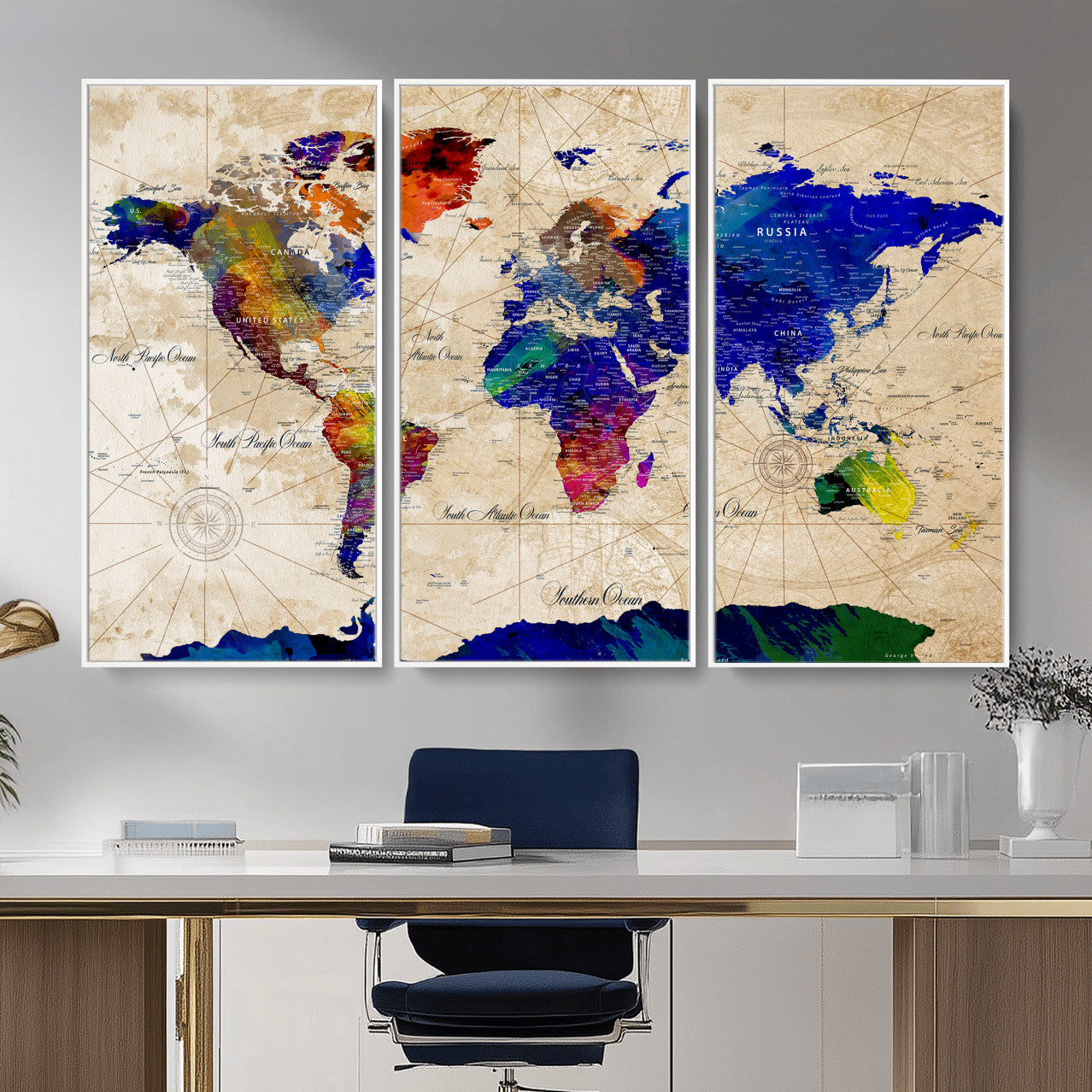26284075-MGV-CV-36X24 - World Map Wall Art Canvas Print, Modern Decorative Framed Map Artwork Prints for Living Room, Office, Bedroom Wall Decor