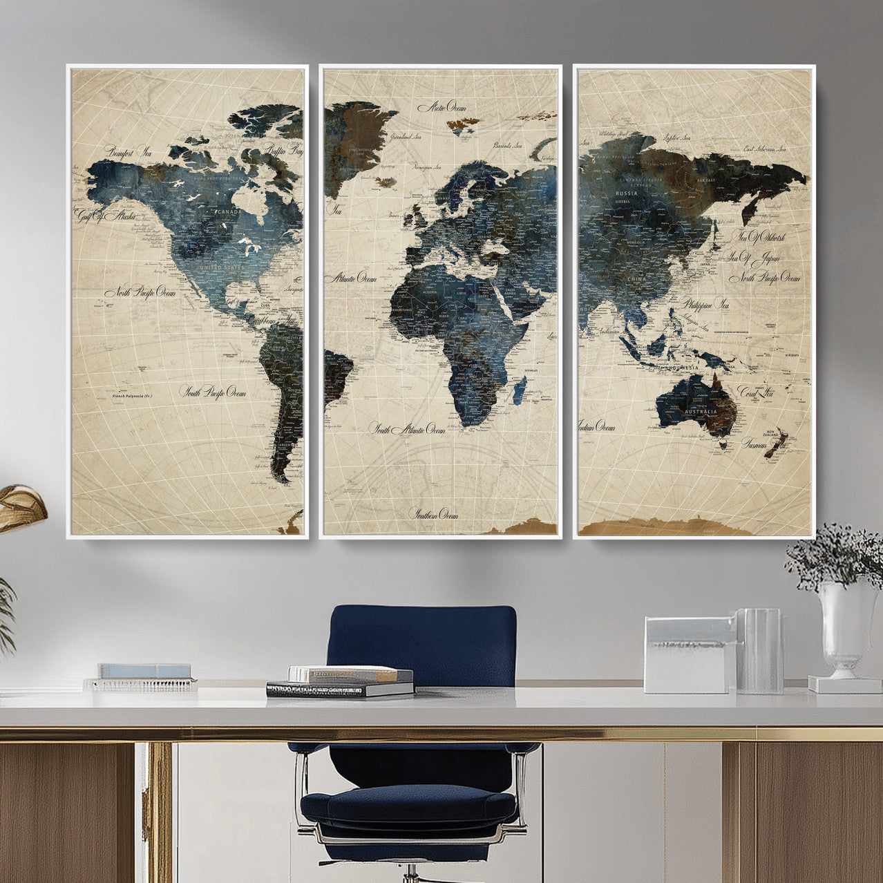 72927803-MGV-CV-36X24 - World Map Wall Art Canvas Print, Modern Decorative Framed Map Artwork Prints for Living Room, Office, Bedroom Wall Decor