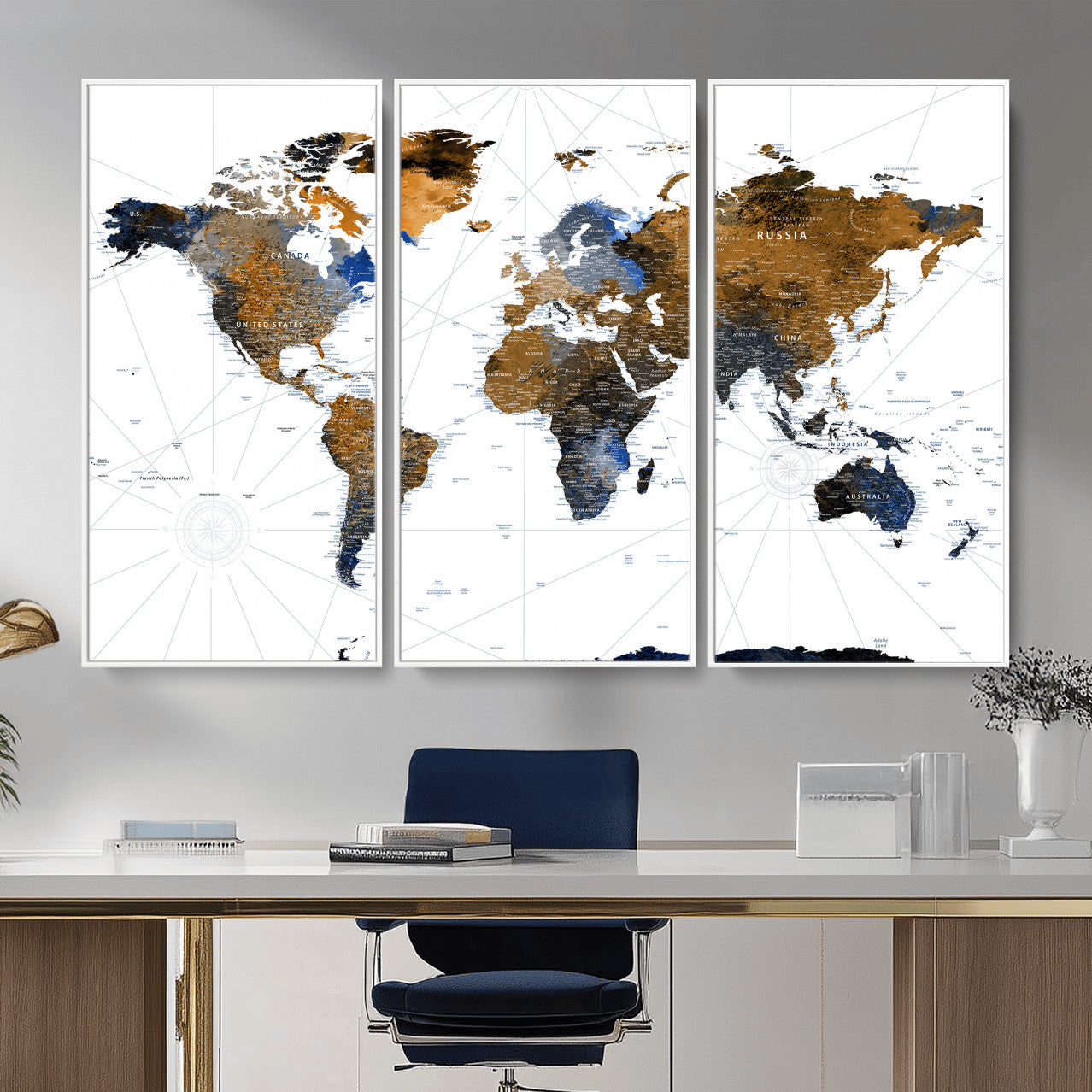 56364879-MGV-CV-36X24 - World Map Wall Art Canvas Print, Modern Decorative Framed Map Artwork Prints for Living Room Decor