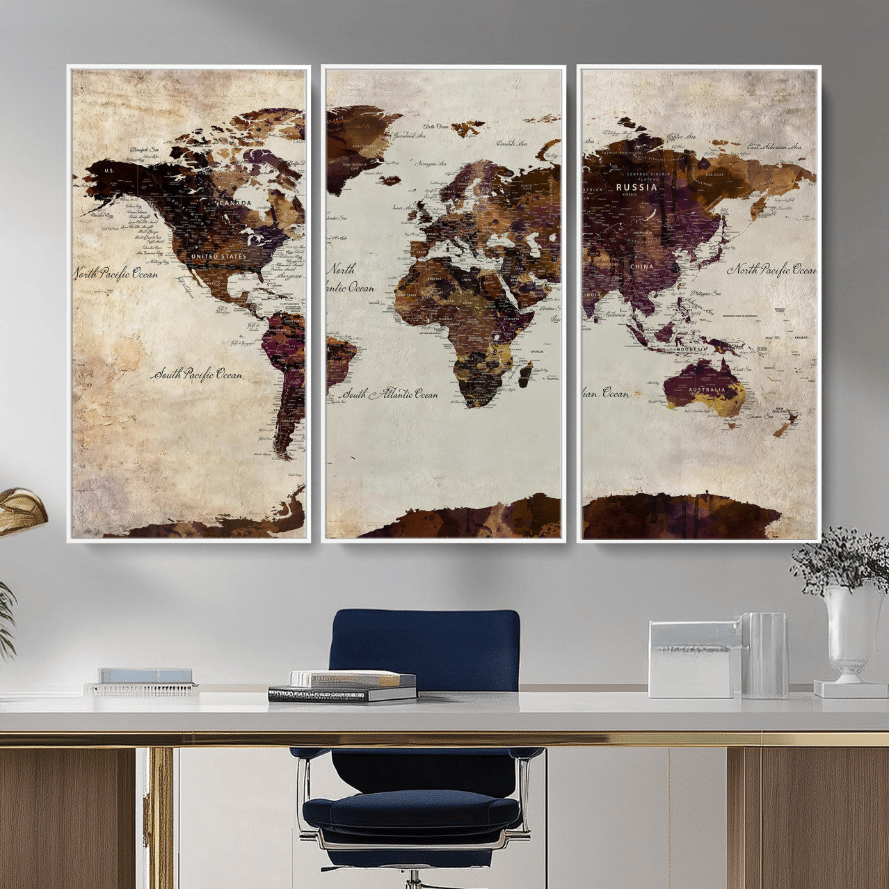 50611123-MGV-CV-36X24 - World Map Canvas Triptych – Colorful Global Wall Art for Living Rooms, Offices, and Study Spaces