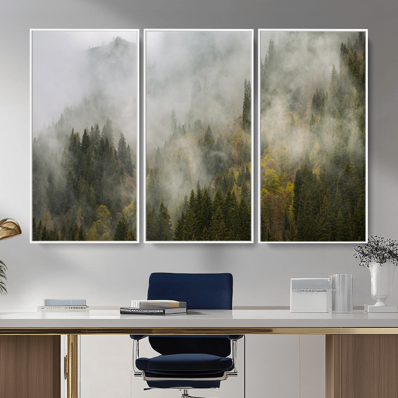 31152954-MGV-CV-36X24 - Misty Mountain Forest Canvas Print, Foggy Pine Trees Nature Wall Art, Framed Canvas Ready to Hang