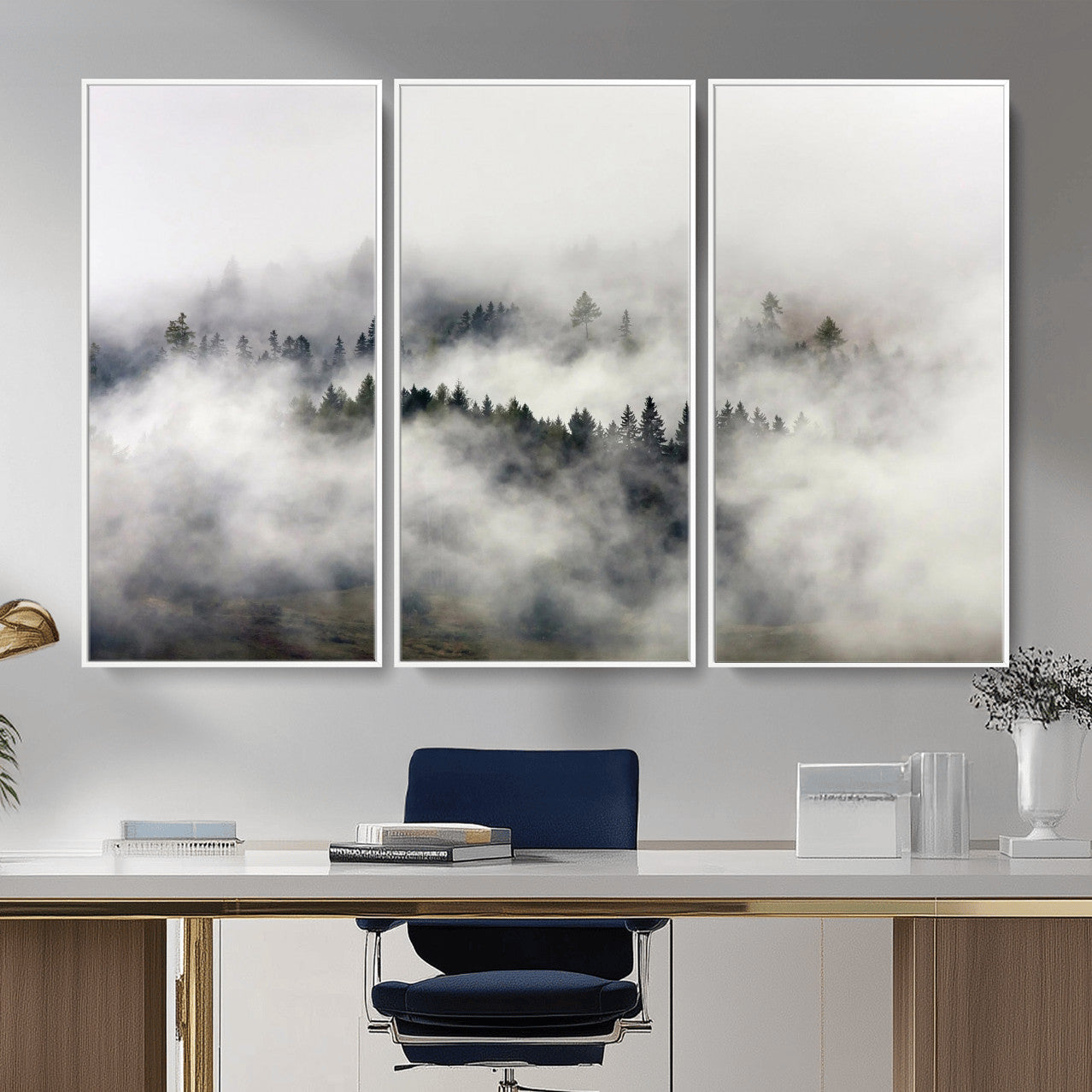 63235457-MGV-CV-36X24 - Foggy Forest Wall Art Canvas Print, Misty Pine Tree Landscape Wall Art Print, Framed Wall Art Ready to Hang