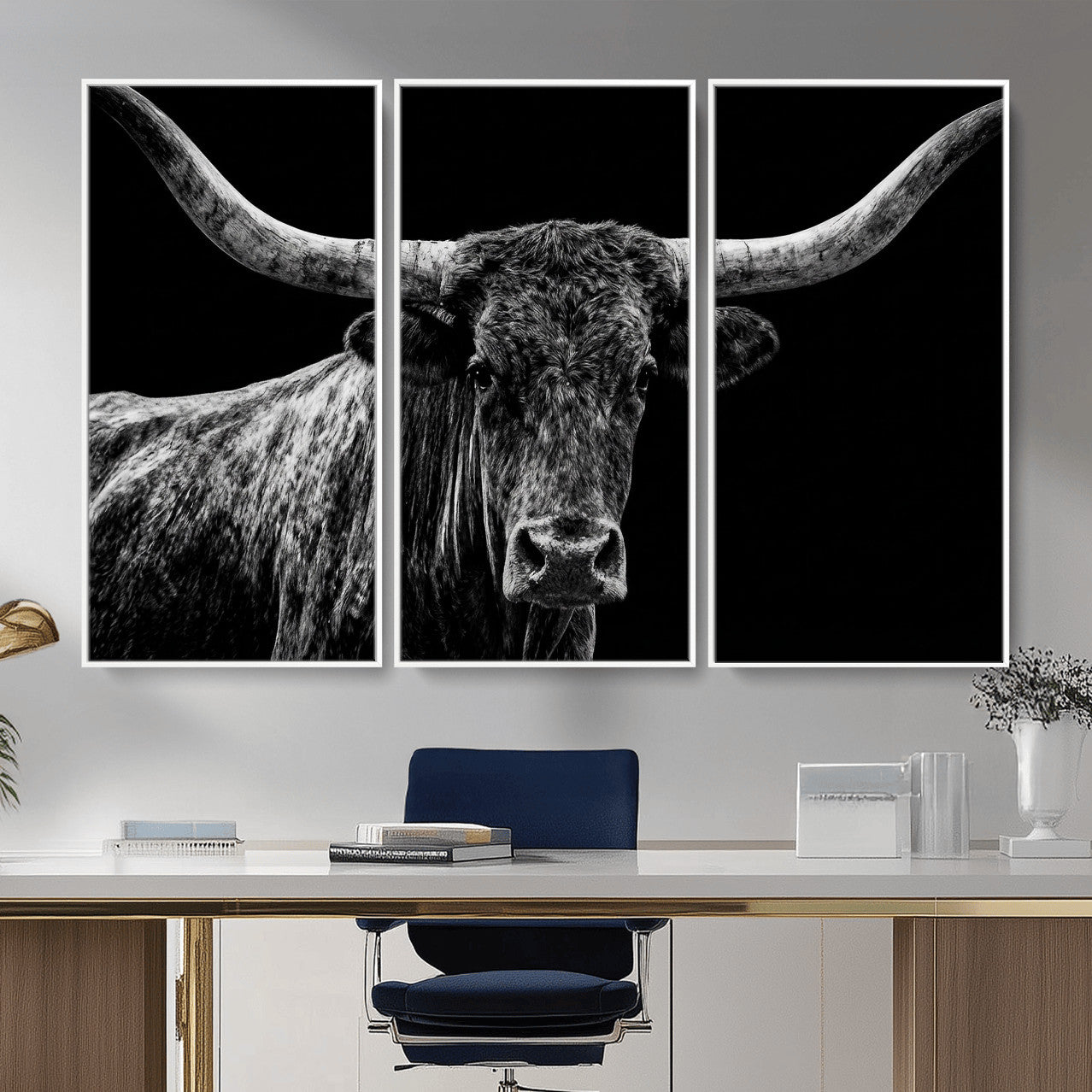 86568508-MGV-CV-36X24 - Vintage Texas Longhorn Bull Wall Art Canvas Print, Texas Cow Portrait Print, Framed Bull Wall Art Ready to Hang