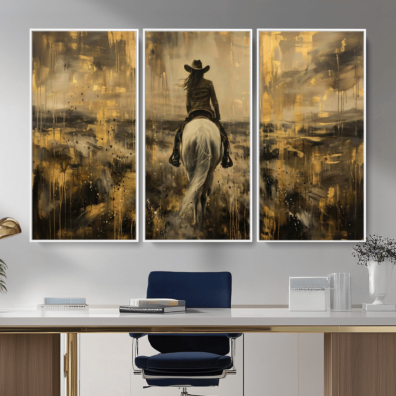 20465530-MGV-CV-36X24 - Cowgirl Wall Art Canvas Print, Western Horse Rider Wall Art, Framed Wall Art Ready to Hang