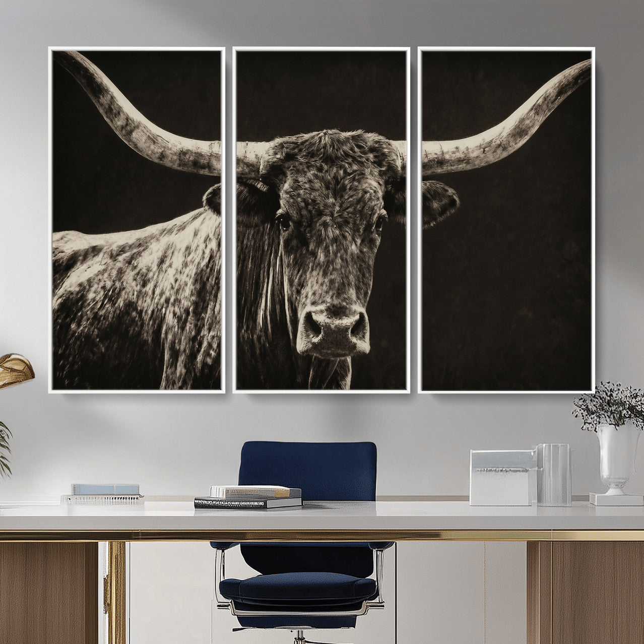 74513721-MGV-CV-36X24 - Vintage Texas Longhorn Bull Wall Art Canvas Print, Cow Portrait Photography Print, Framed Wall Art Ready to Hang