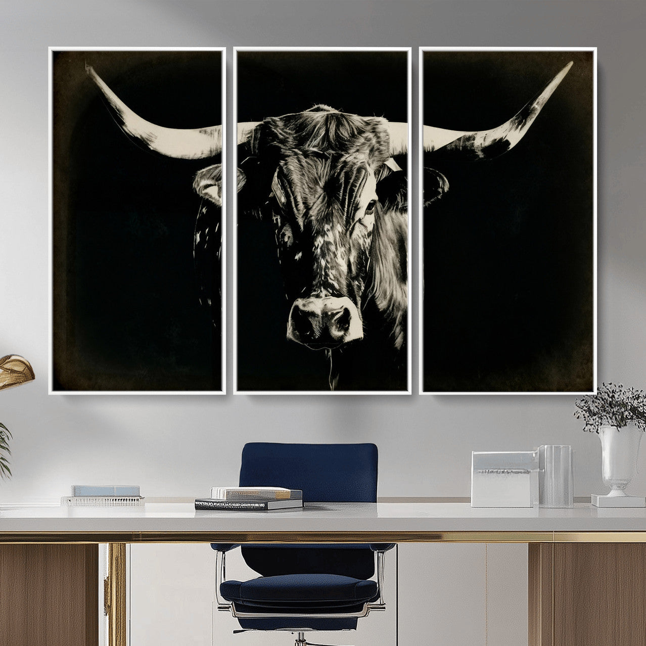 91364114-MGV-CV-36X24 - Black Bull Wall Art Canvas Print, Texas Longhorn Portrait Print, Framed Wall Art Ready to Hang