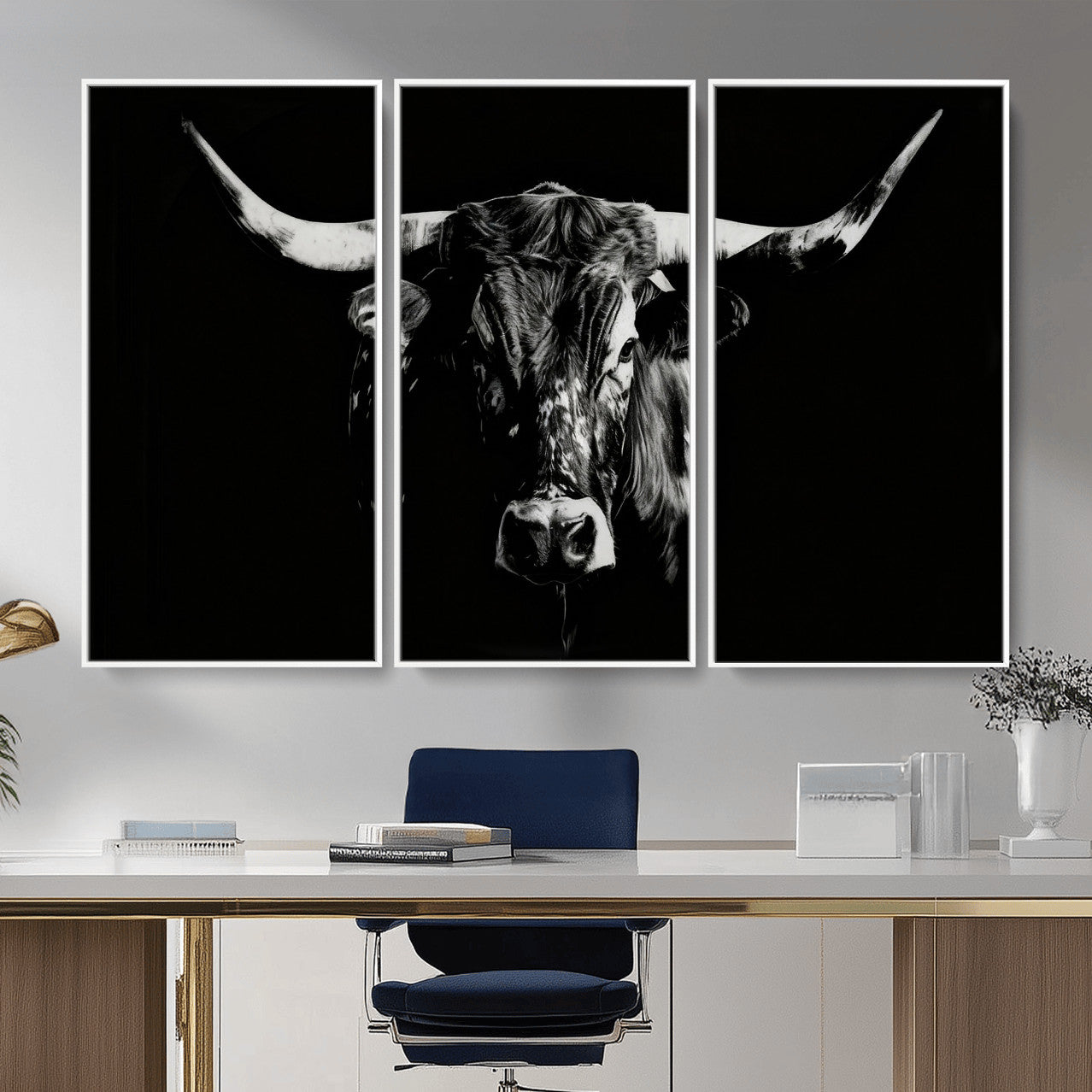 21436434-MGV-CV-36X24 - Black Bull Wall Art Canvas Print, Dark Longhorn Portrait Photography, Framed Wall Art Ready to Hang