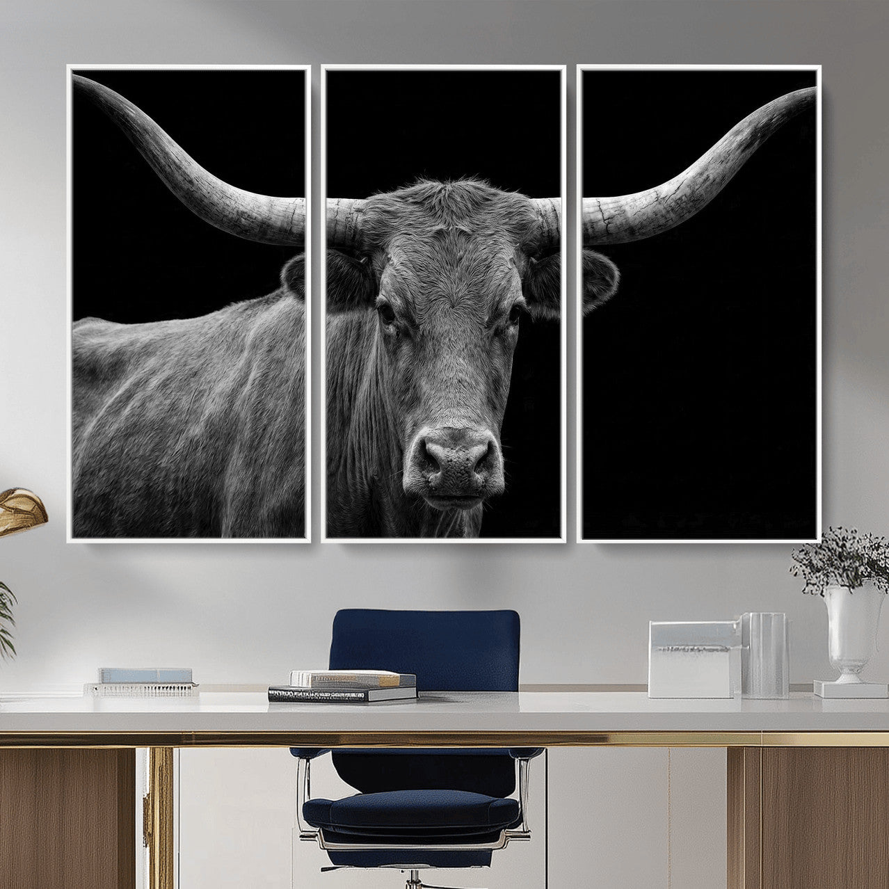 32601430-MGV-CV-36X24 - Texas Longhorn Bull Wall Art Canvas Print, Cow Portrait Photography, Framed Wall Art Ready to Hang