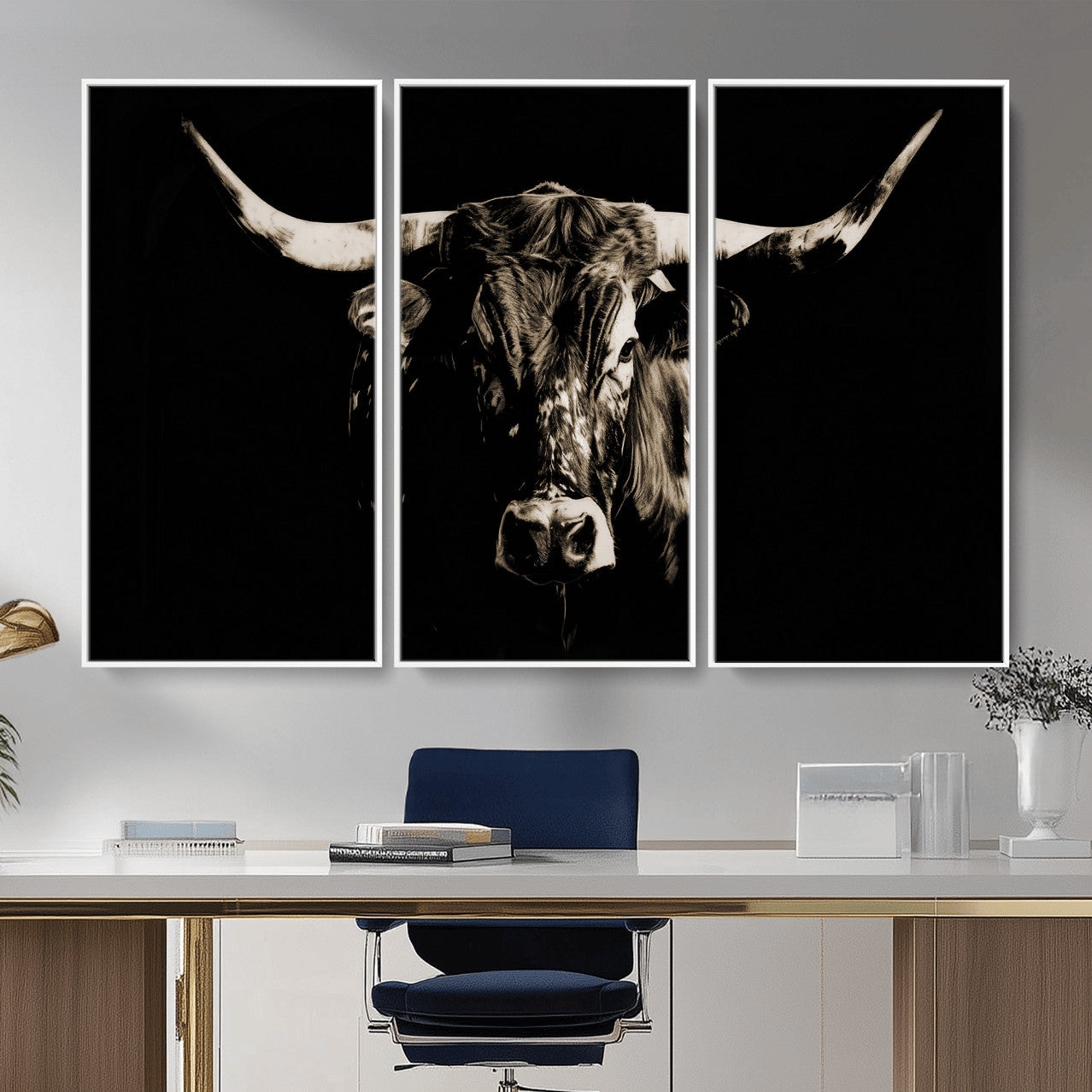 75774468-MGV-CV-36X24 - Black Bull Wall Art Canvas Print, Dark Longhorn Portrait Photography, Framed Wall Art Ready to Hang
