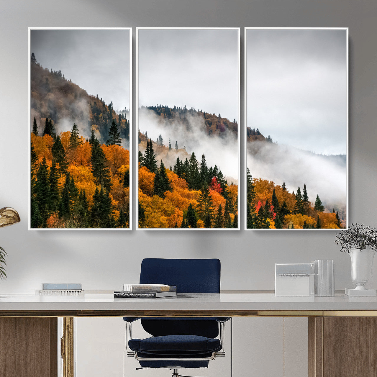 93581632-MGV-CV-36X24 - Autumn Forest Wall Art Canvas Print, Foggy Mountain Landscape Nature Photography, Framed Wall Art Ready to Hang