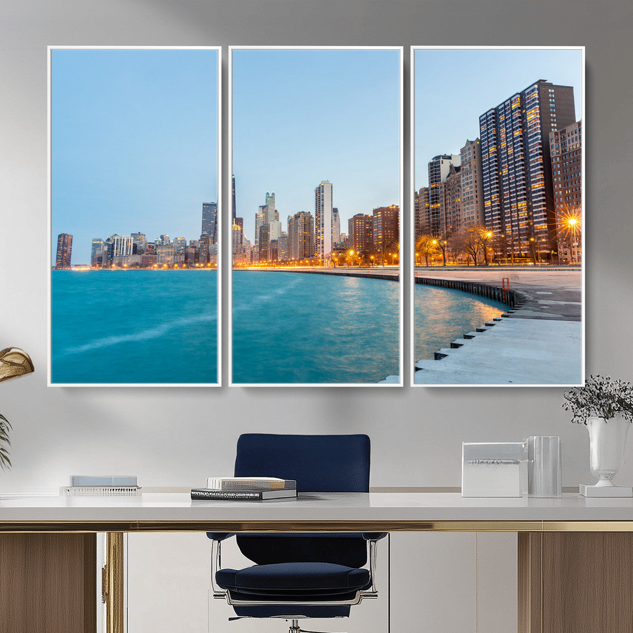 66780141-MGV-CV-36X24 - Chicago Wall Art Canvas Print, Chicago City Downtown Night Cityscape Print for Modern Urban Wall Decor