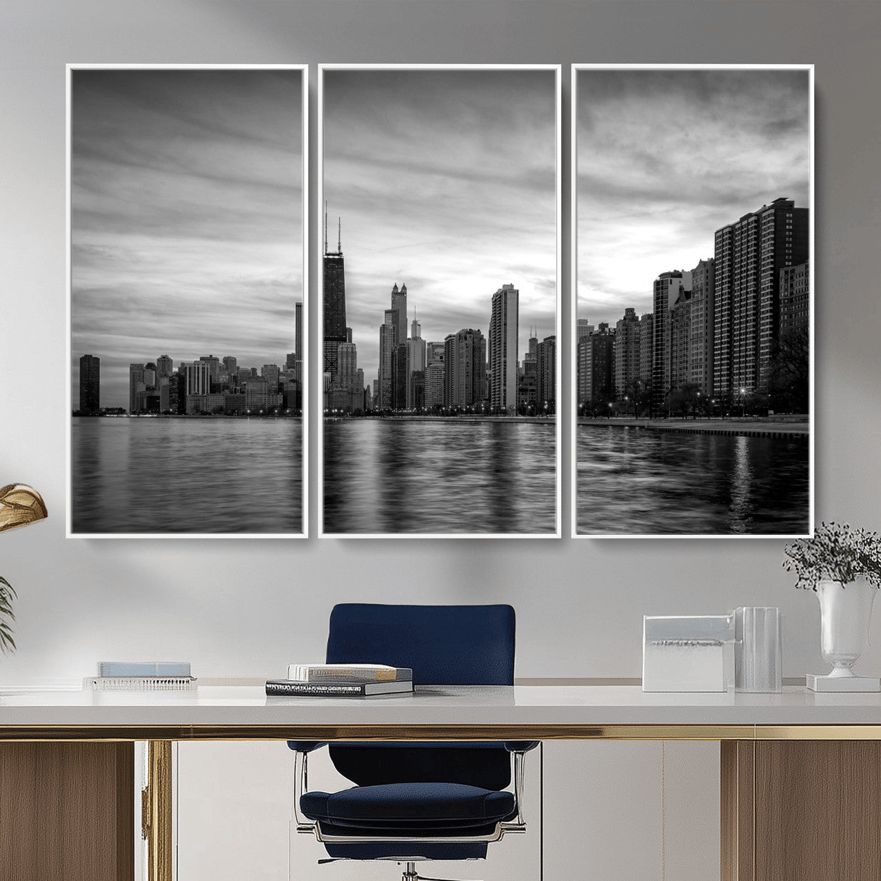 74552581-MGV-CV-36X24 - Chicago Wall Art Canvas Print, Chicago City Downtown Night Cityscape Print for Modern Urban Wall Decor