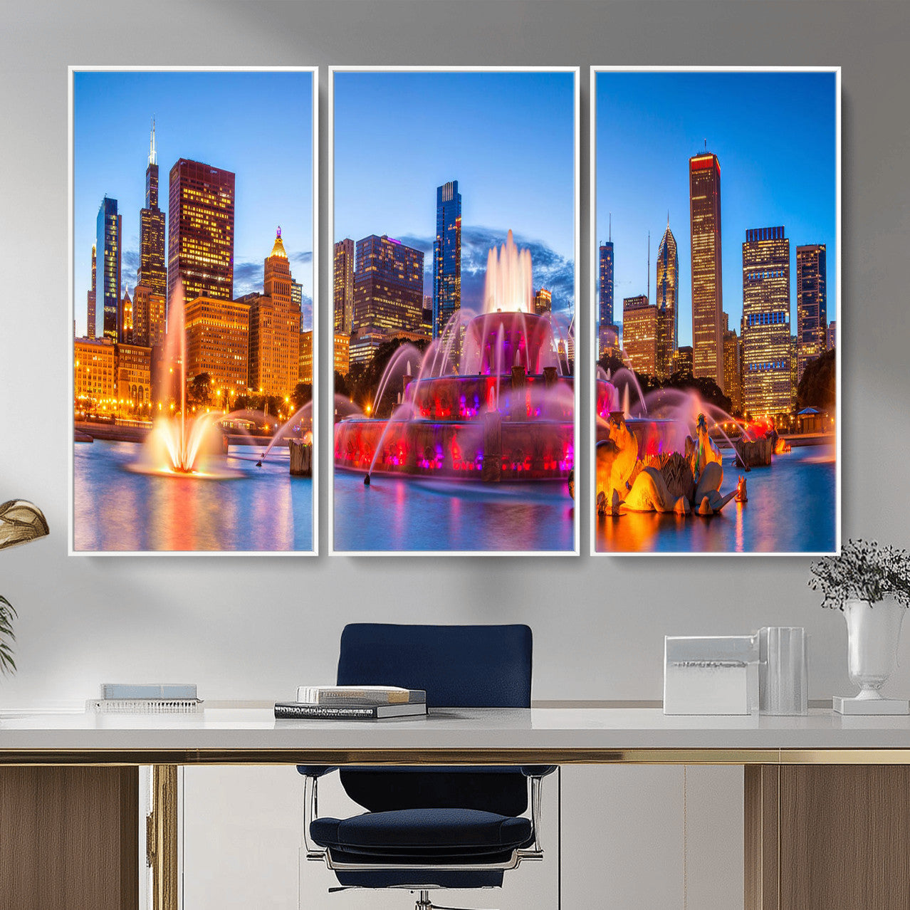 20251989-MGV-CV-36X24 - Chicago Wall Art Canvas Print, Chicago City Downtown Night Cityscape Print for Modern Urban Wall Decor