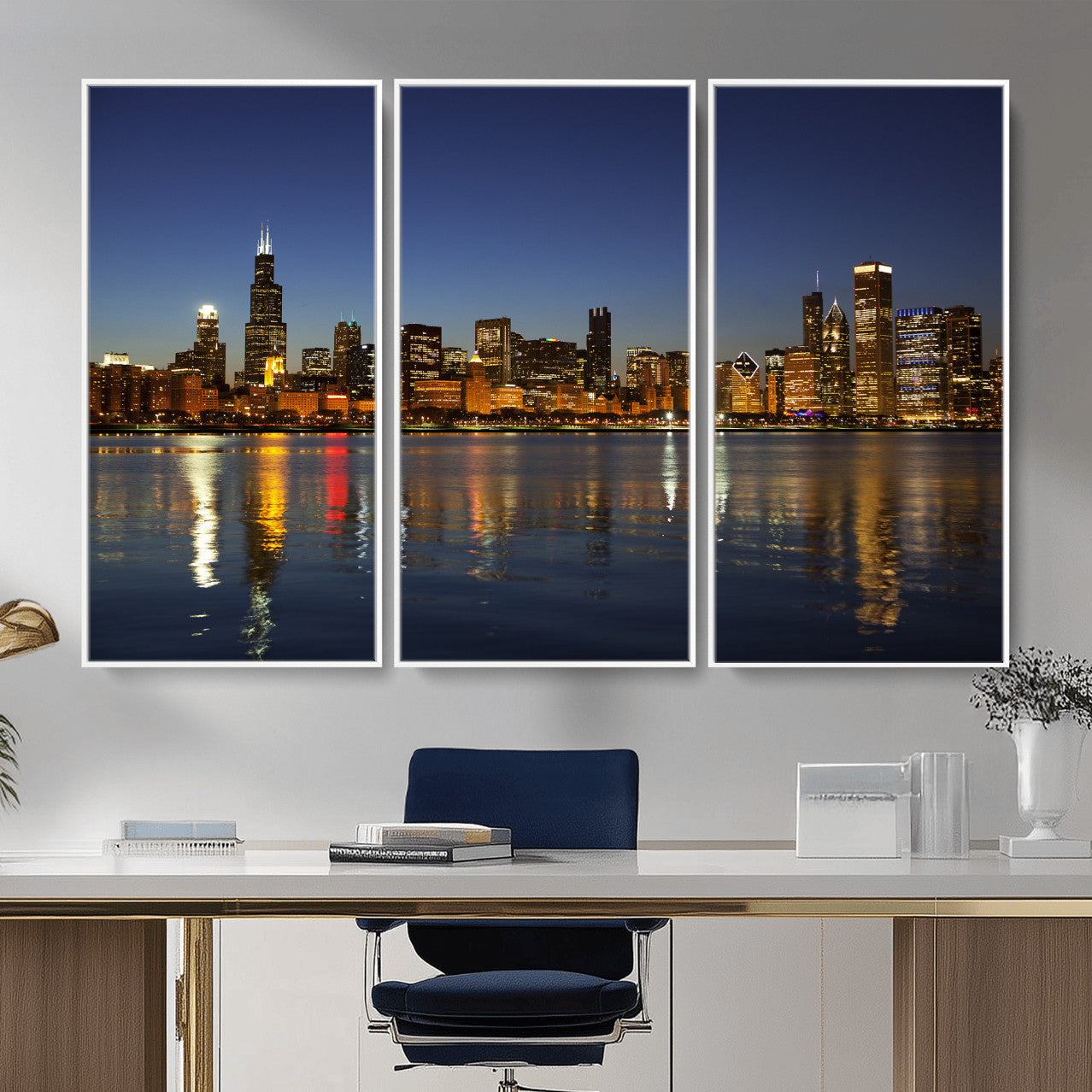 67308035-MGV-CV-36X24 - Chicago Wall Art Canvas Print, Chicago City Downtown Night Cityscape Print for Modern Urban Wall Decor