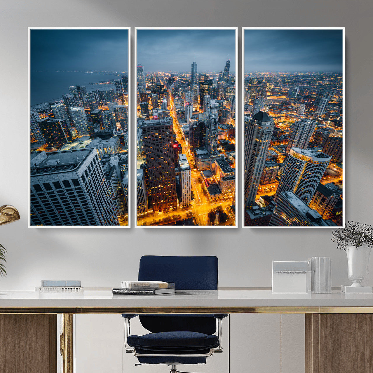81742538-MGV-CV-36X24 - Chicago Wall Art Canvas Print, Chicago City Downtown Night Cityscape Print for Modern Urban Wall Decor