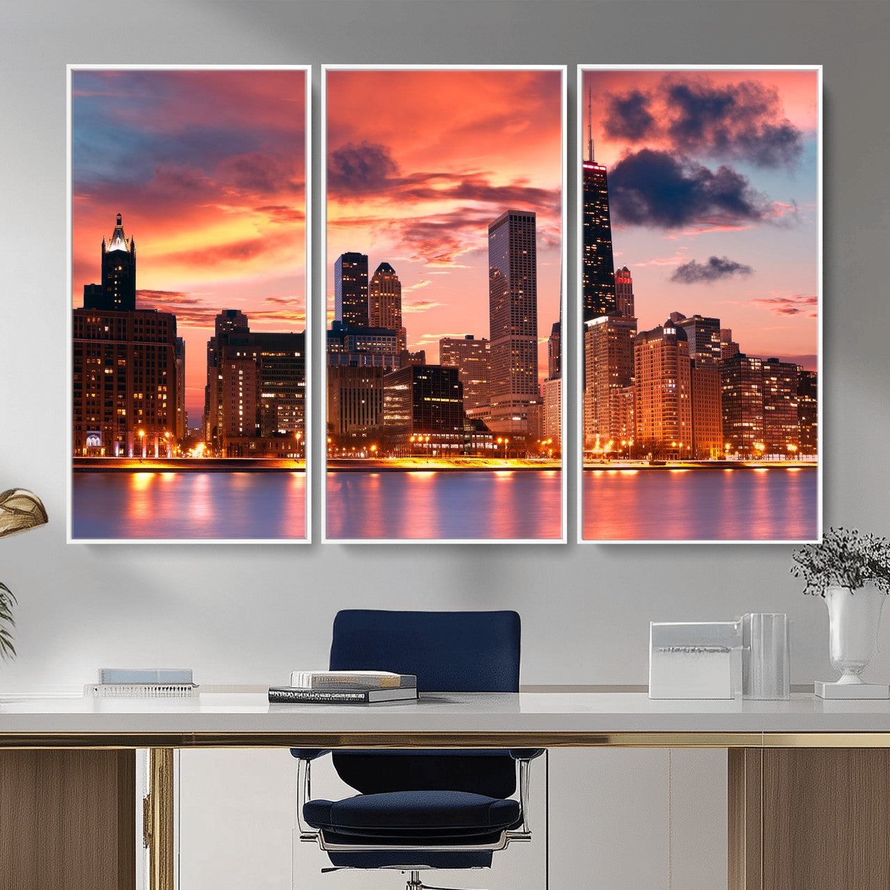 80390109-MGV-CV-36X24 - Chicago Wall Art Canvas Print, Chicago City Downtown Night Cityscape Print for Modern Urban Wall Decor