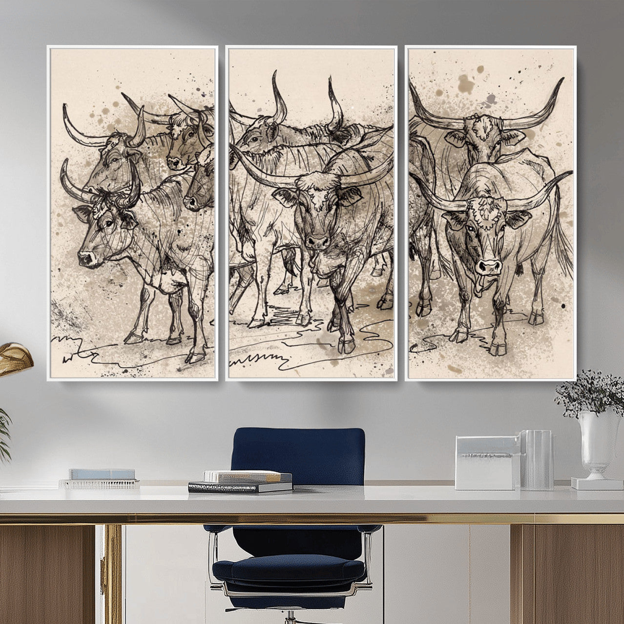74232558-MGV-CV-36X24 - Farmhouse Animals Wall Art Canvas Print - Abstract Farm Animal Drawing Mid-Century Wall Art for Cabin Decor