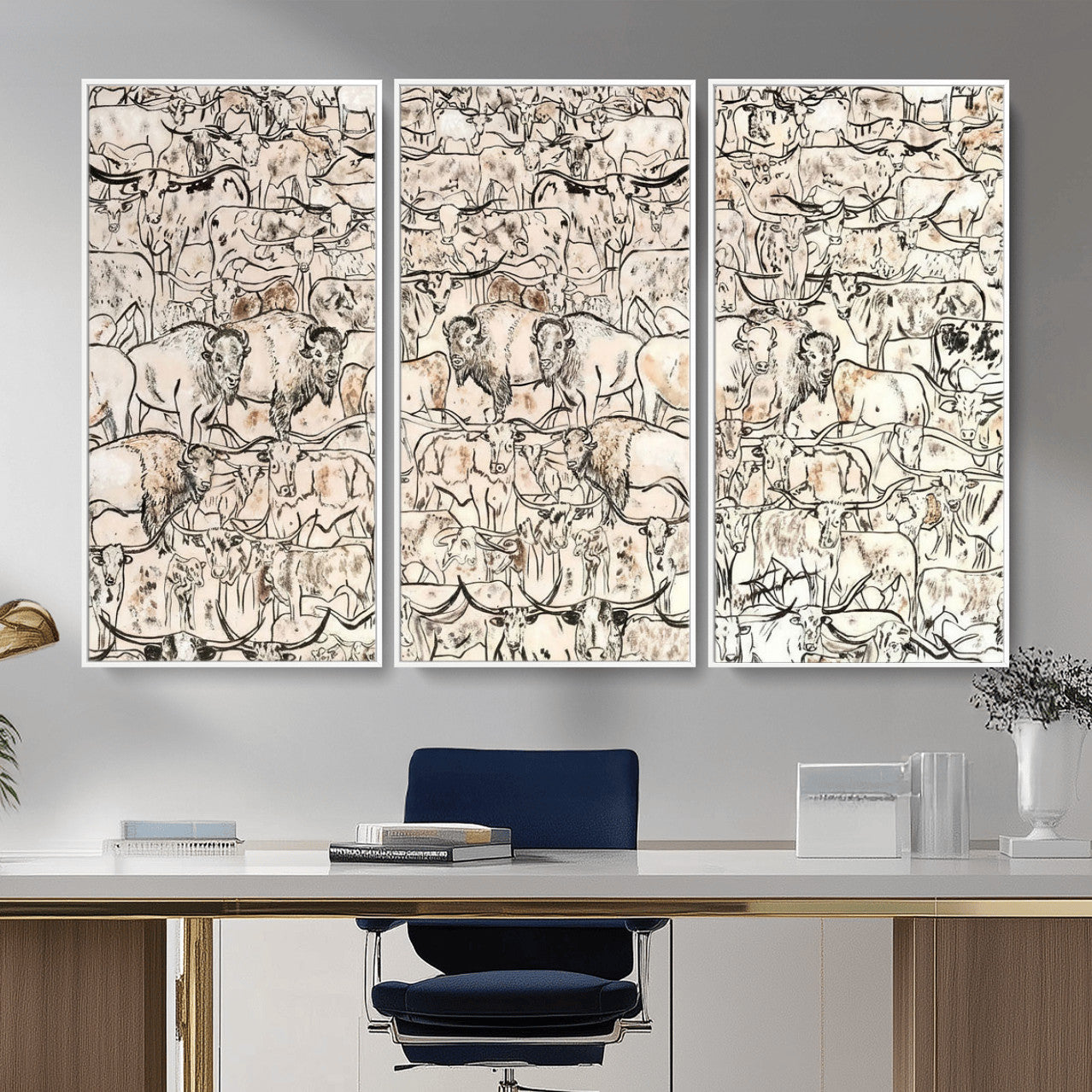 36925875-MGV-CV-36X24 - Farmhouse Animals Wall Art Canvas Print - Abstract Farm Animal Drawing Mid-Century Wall Art for Cabin Decor