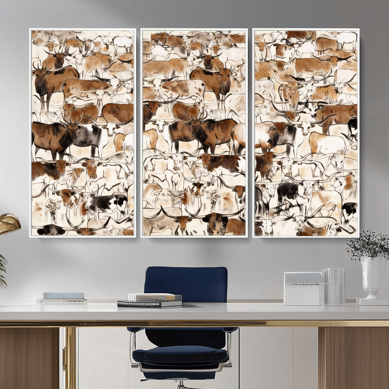 81416572-MGV-CV-36X24 - Farmhouse Animals Wall Art Canvas Print - Abstract Farm Animal Drawing Mid-Century Wall Art for Cabin Decor