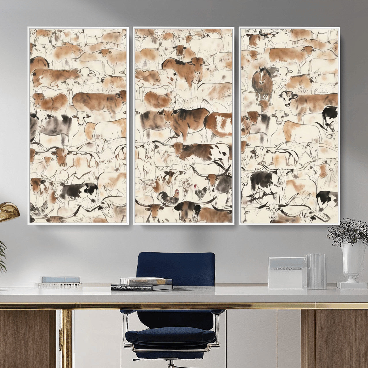 69961368-MGV-CV-36X24 - Farmhouse Animals Wall Art Canvas Print - Abstract Farm Animal Drawing Mid-Century Wall Art for Cabin Decor