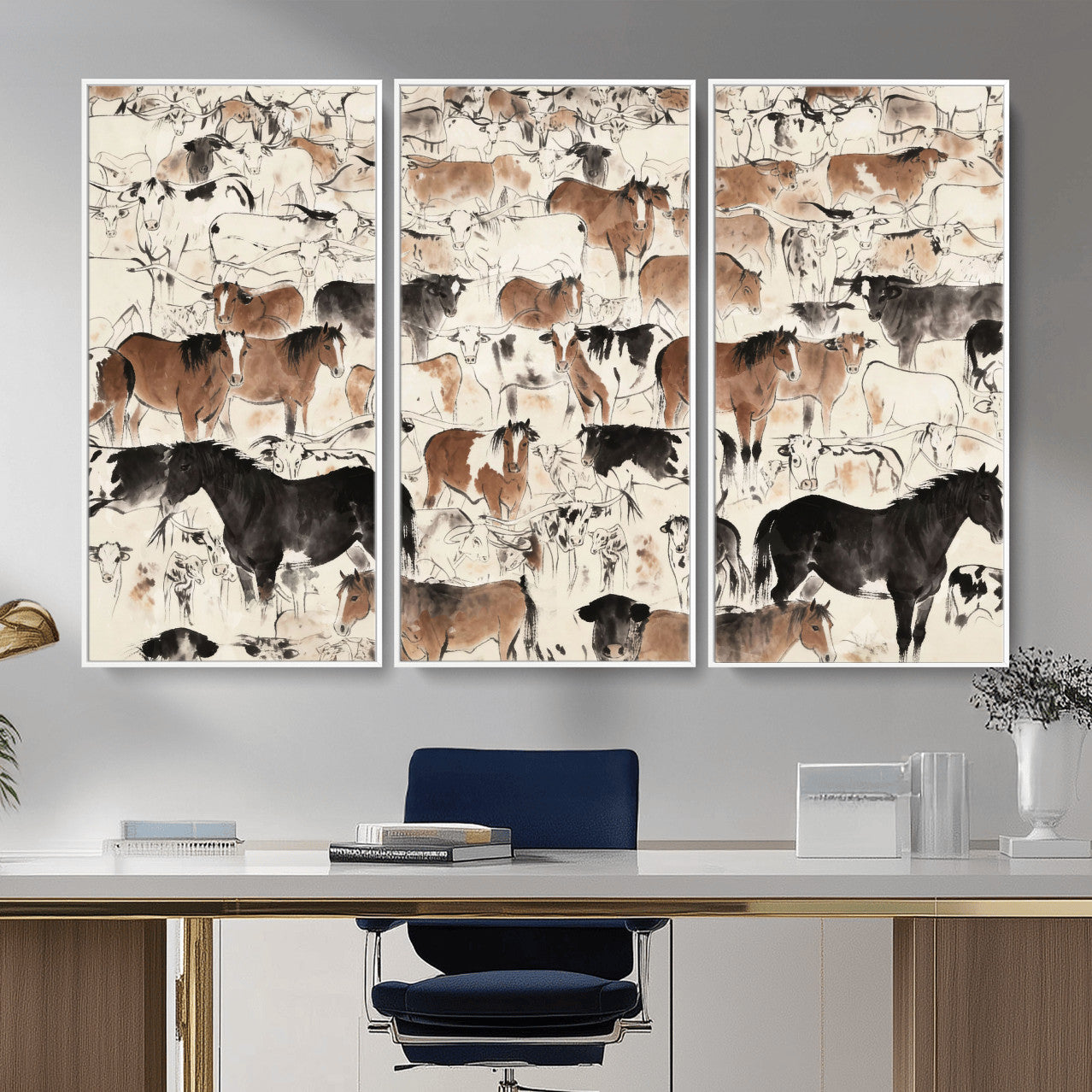74171578-MGV-CV-36X24 - Farmhouse Animals Wall Art Canvas Print - Abstract Farm Animal Drawing Mid-Century Wall Art for Cabin Decor