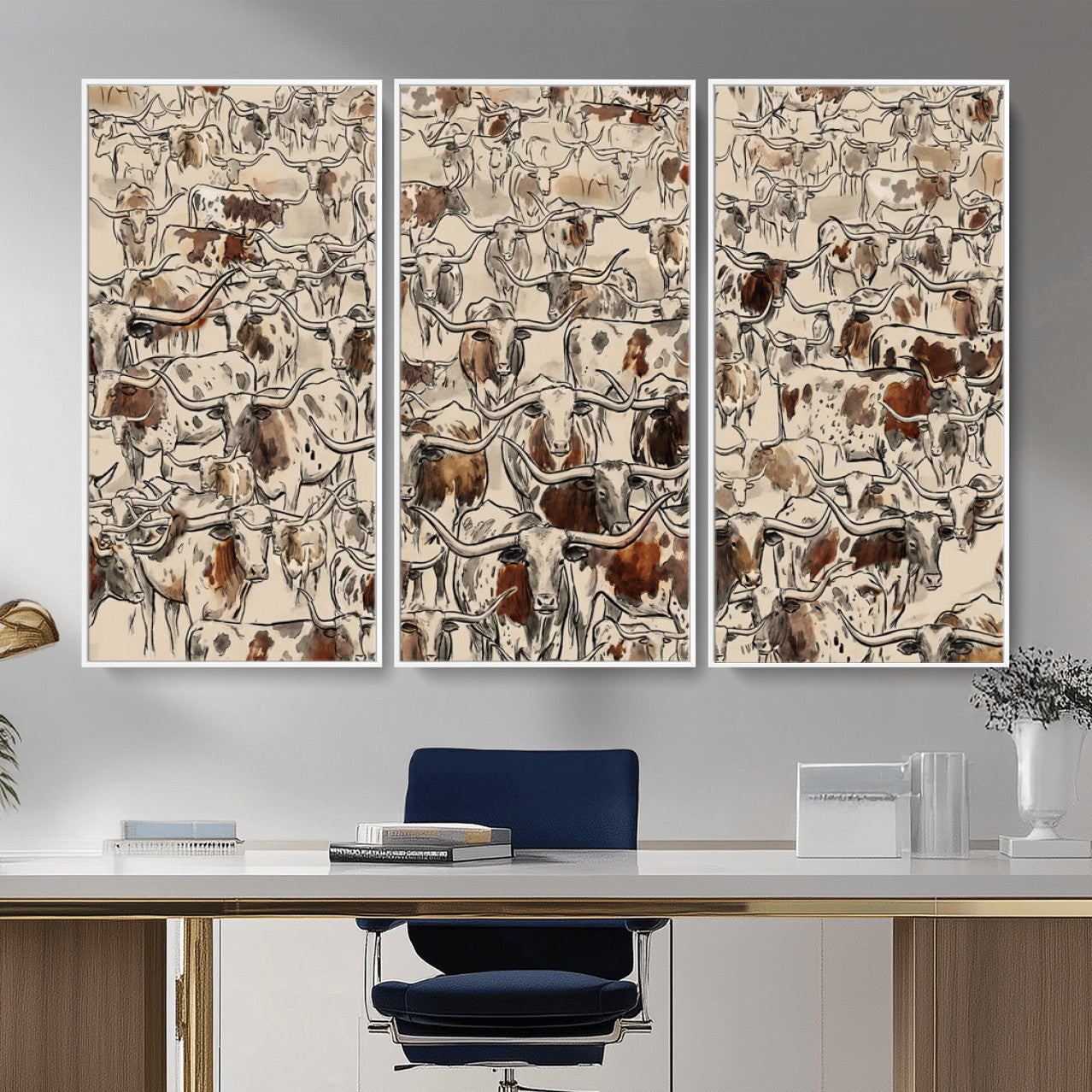 94808502-MGV-CV-36X24 - Farmhouse Animals Wall Art Canvas Print - Abstract Farm Animal Drawing Mid-Century Wall Art for Cabin Decor