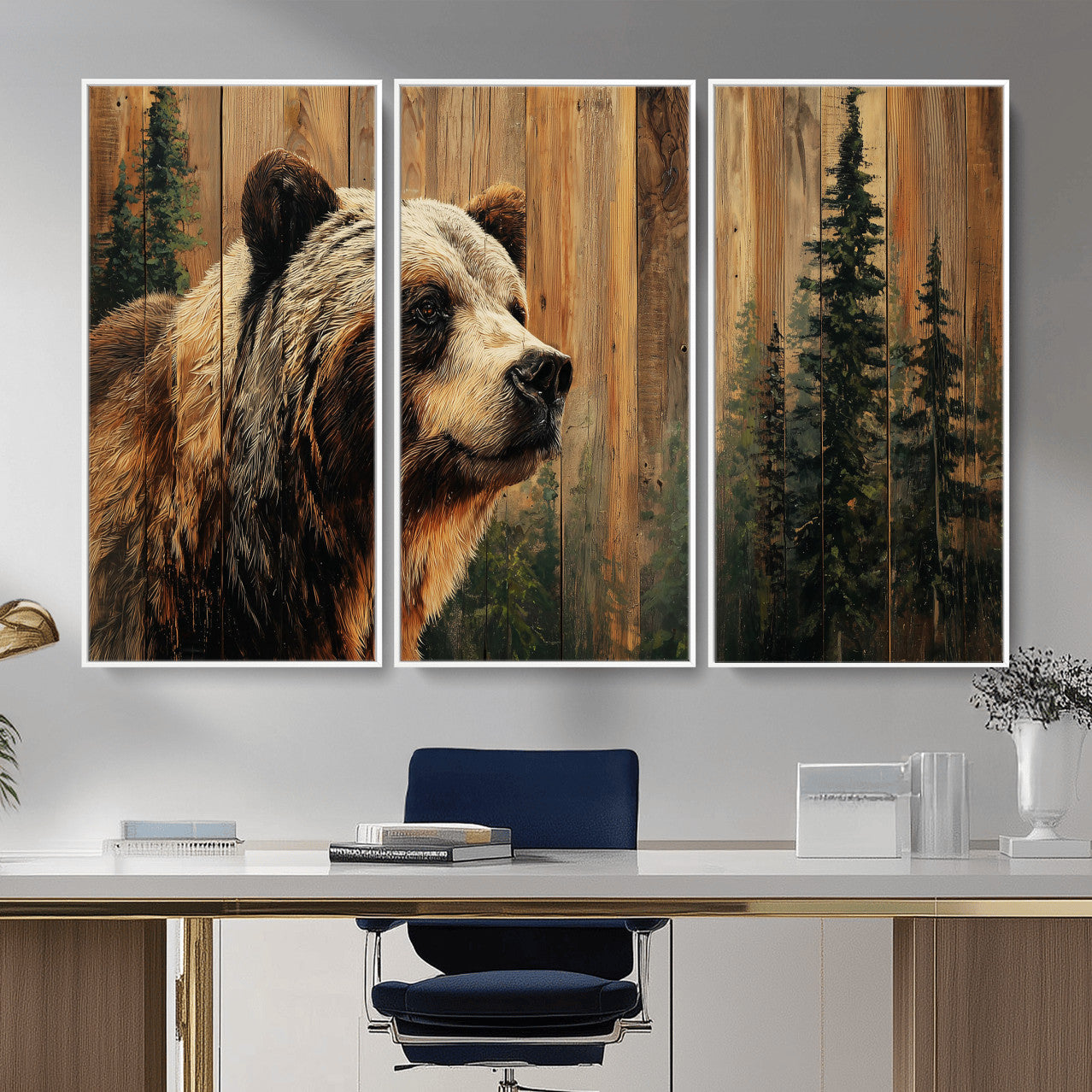 75645180-MGV-CV-36X24 - Grizzly Bear Wall Art Canvas Print, Rustic Wildlife Bear Artwork, Forest Animal Painting, Cabin Lodge Nature Wall Decor