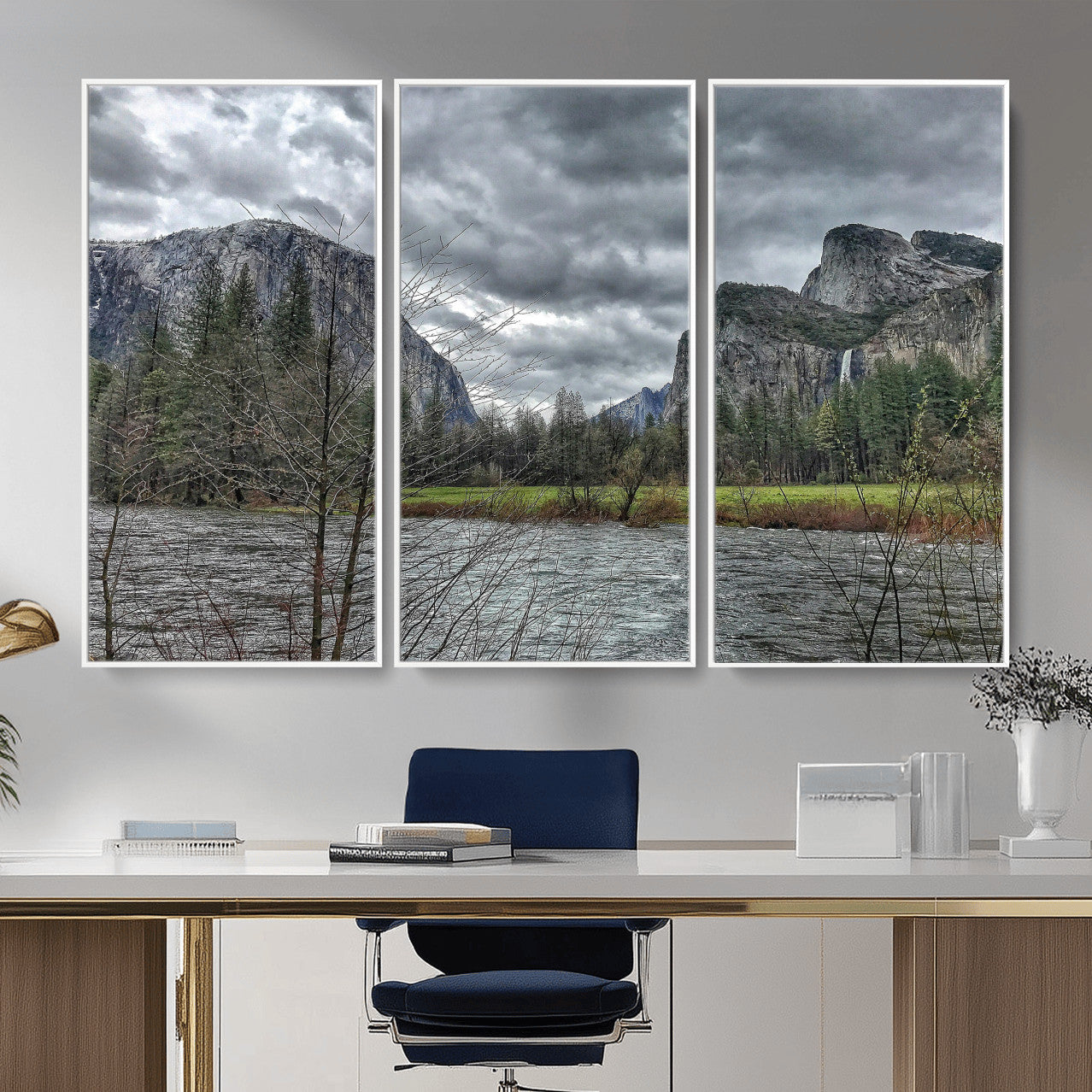 75582552-MGV-CV-36X24 - Yosemite Valley River Landscape Wall Art Canvas Print, Granite Cliffs Forest River Canvas Print, California National Park Moody Scenic Art Printi