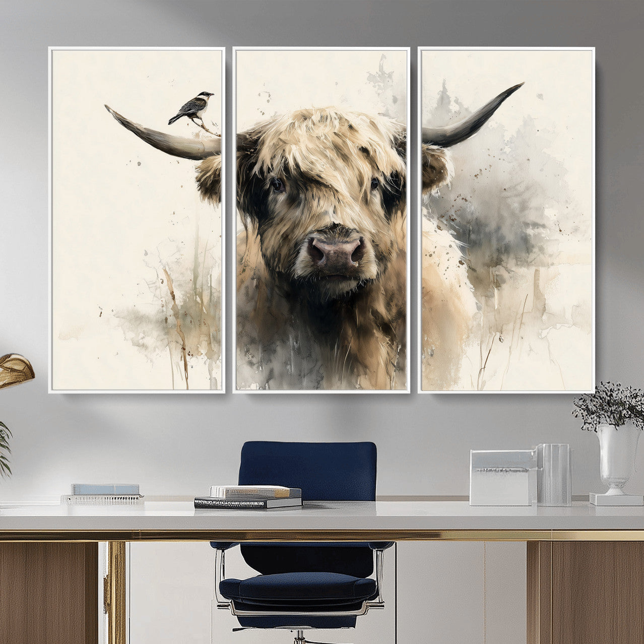 98249290-MGV-CV-36X24 - Abstract Highland Cow Watercolor Animal Wall Art Canvas Print, Rustic Farm Cattle Portrait Canvas Print, Neutral Wildlife Farmhouse Art Printing