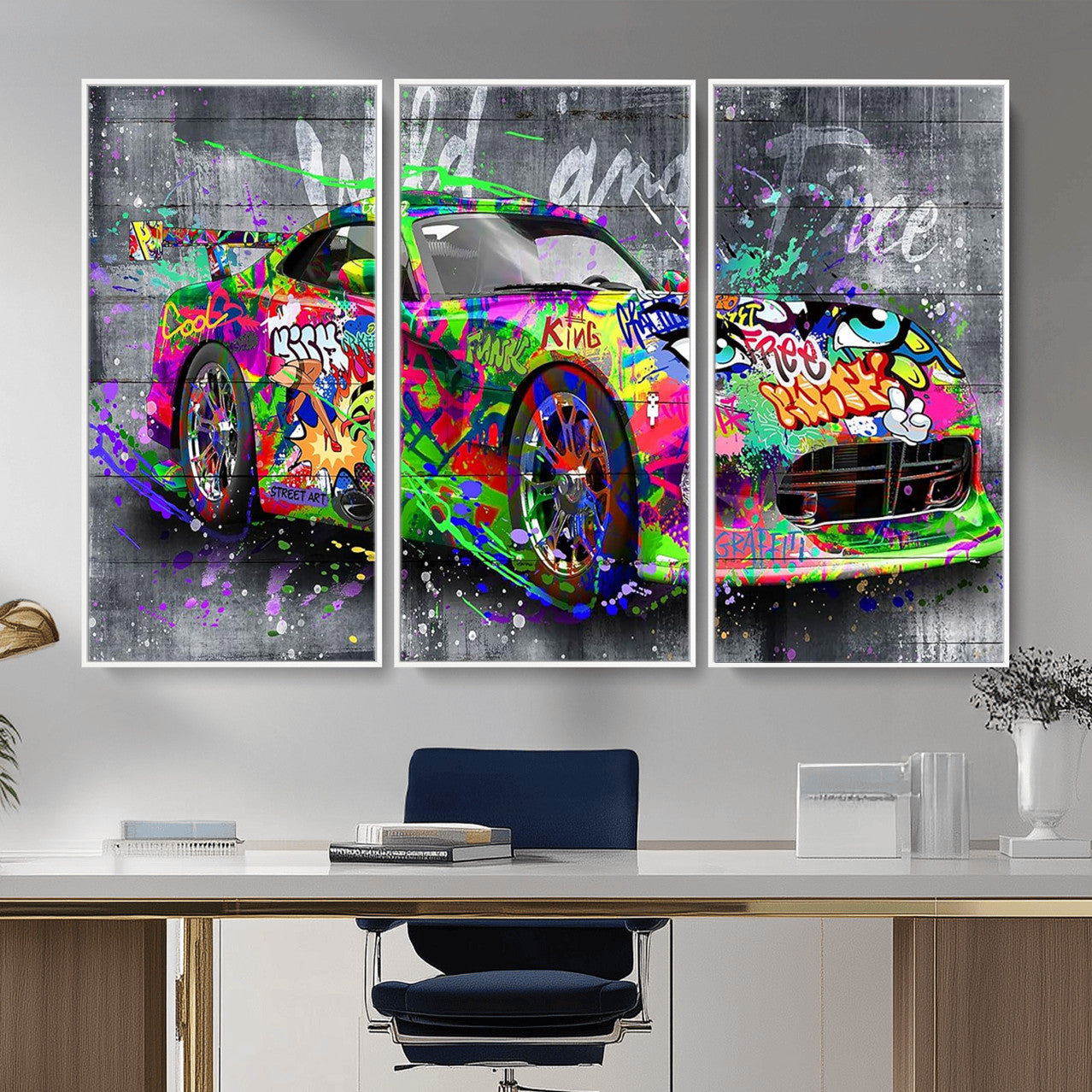 95314968-MGV-CV-36X24 - Graffiti Sports Car Street Art Wall Art Canvas Print, Colorful Urban Supercar Pop Art Canvas Print, Modern Graffiti Car Contemporary Art Printing