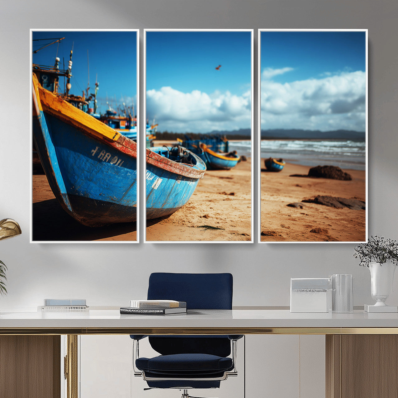 70925201-MGV-CV-36X24 - Fishing Boats Wall Art Canvas Print, Coastal Boat Beach Scene, Nautical Seaside Artwork, Ocean Shore Decor, Coastal Home Wall Art