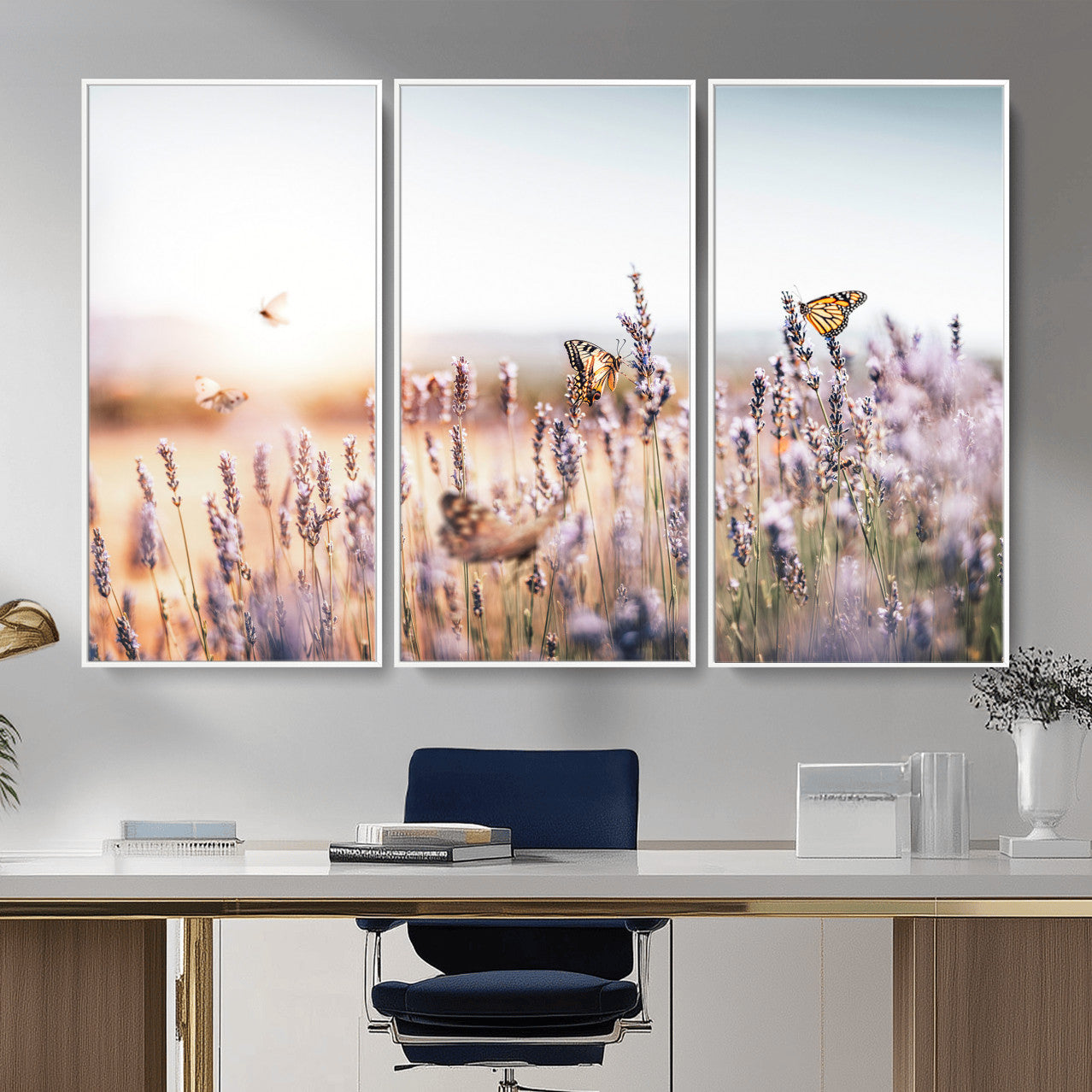 46417478-MGV-CV-36X24 - Lavender Field Wall Art Canvas Print, Butterfly Floral Landscape Art, Soft Nature Wall Decor for Bedroom