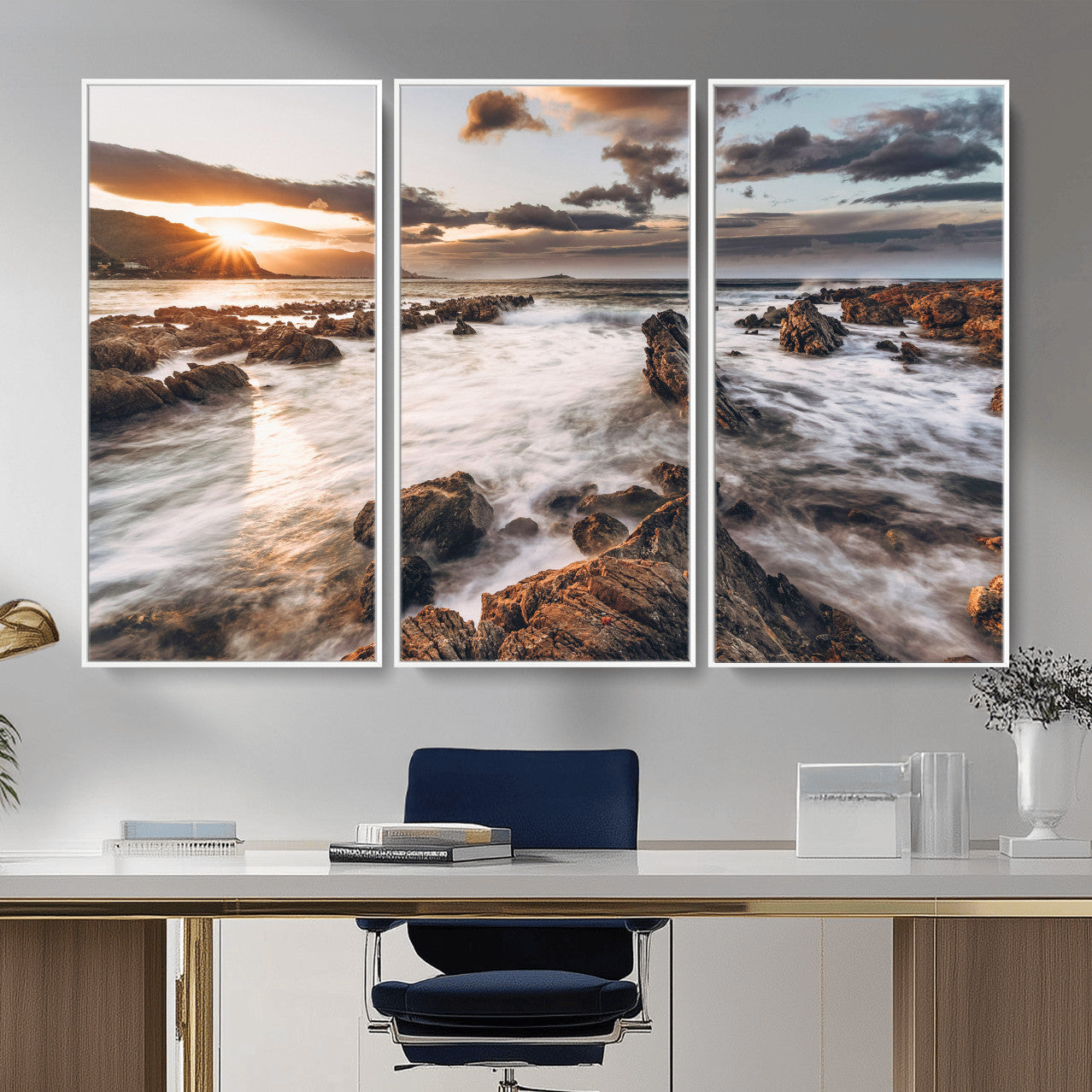 66746024-MGV-CV-36X24 - Rocky Coast Ocean Sunset Wall Art Canvas Print, Dramatic Seascape Nature Wall Decor for Living Room and Office