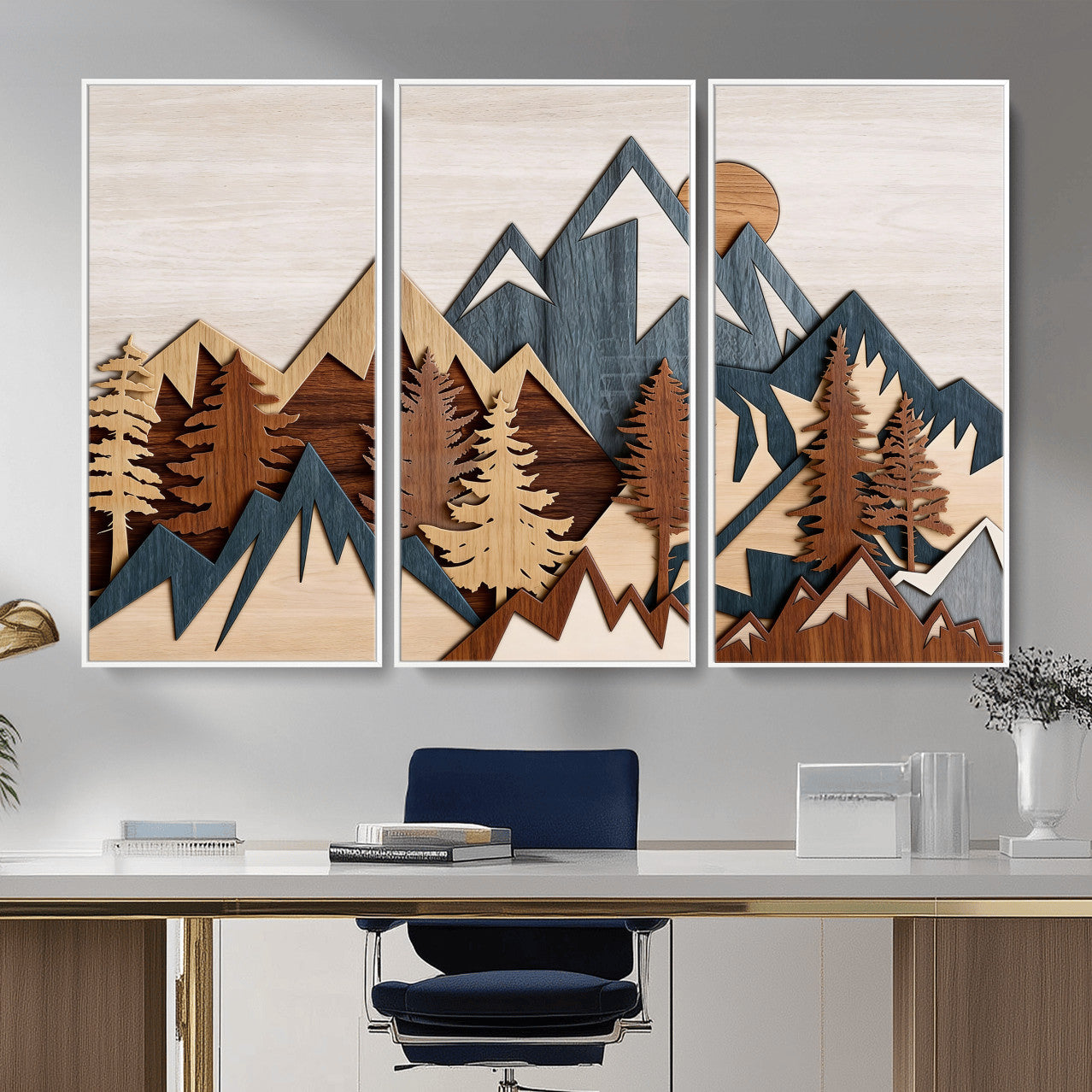 39888898-MGV-CV-36X24 - Layered Wooden Mountain Wall Art Canvas Print, Modern Rustic Forest and Pine Landscape Wall Decor