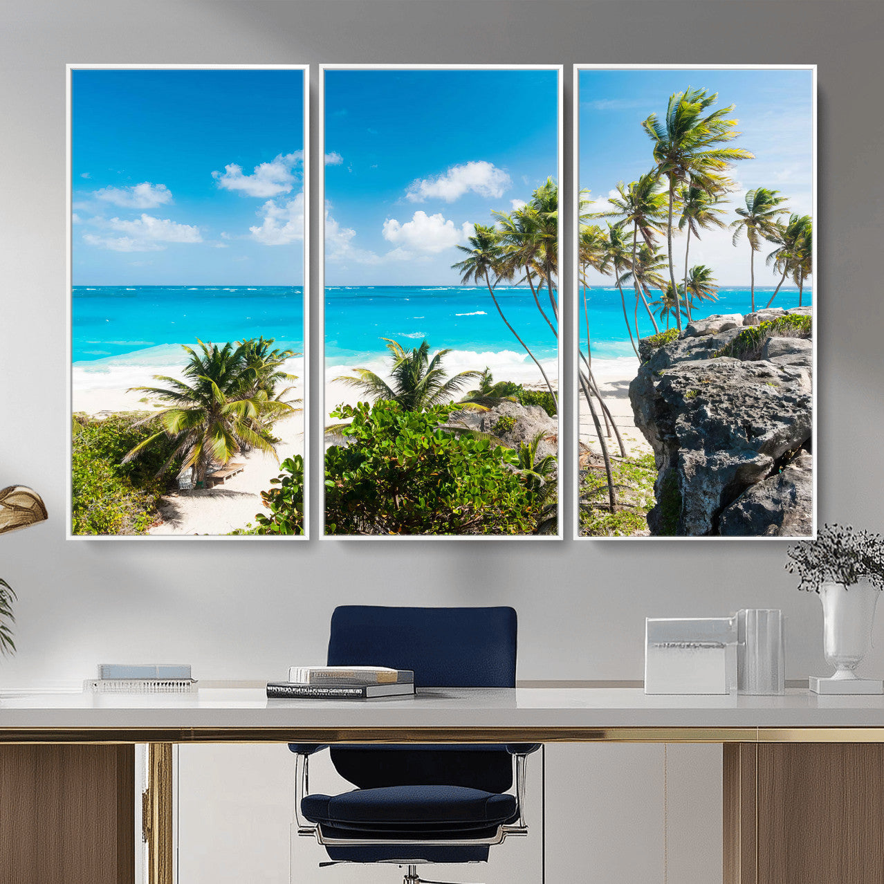 98605610-MGV-CV-36X24 - Tropical Beach Wall Art Canvas Print, Palm Tree Ocean Landscape Photography, Caribbean Coastal Artwork