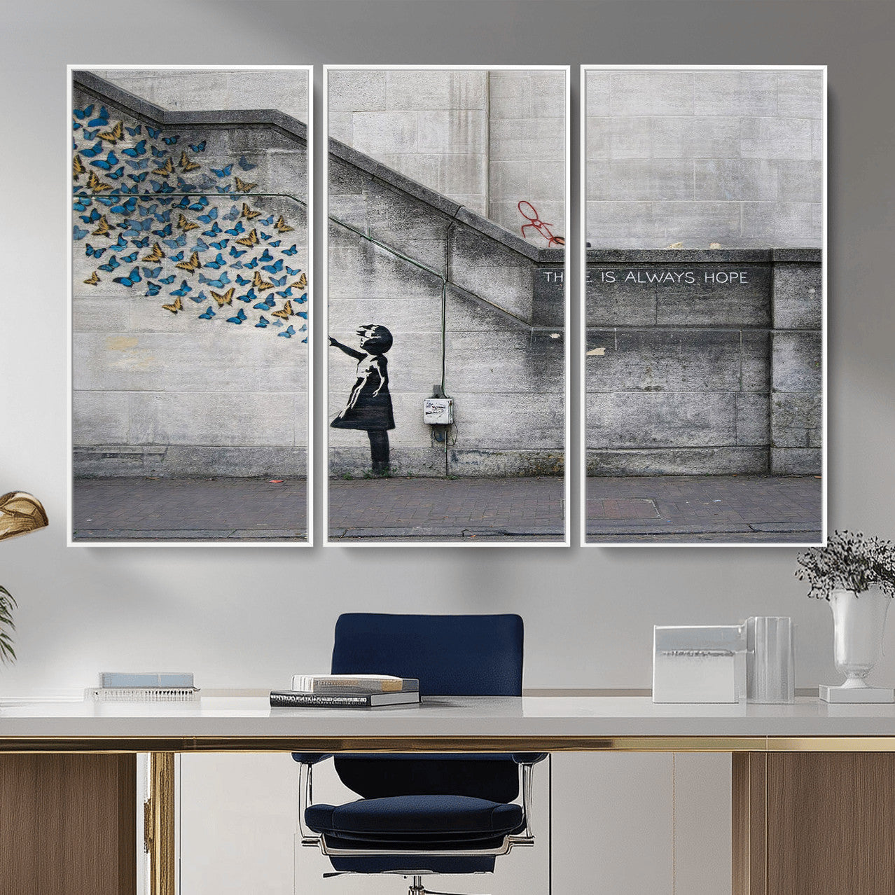 15274223-MGV-CV-36X24 - Banksy Girl with Butterflies Street Art Wall Art Canvas Print, Hope Graffiti Urban Art Canvas Print, Minimalist Inspirational Street Art Contemporary Art Printing