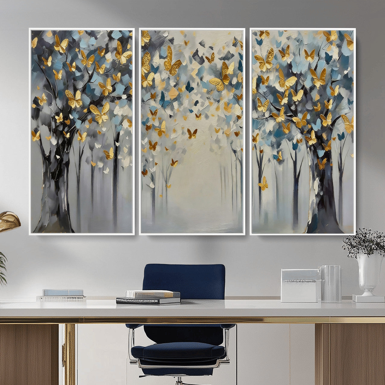 79208191-MGV-CV-36X24 - Golden Butterfly Tree Abstract Wall Art Canvas Print, Modern Elegant Nature Painting Canvas Print, Blue Gold Contemporary Floral Art Printing