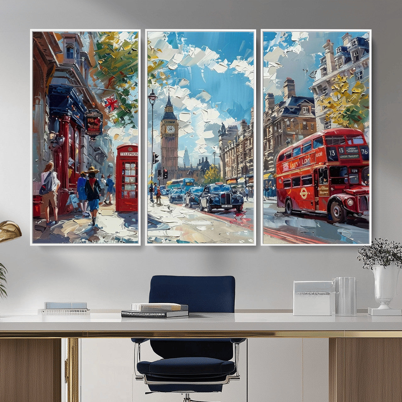 17630888-MGV-CV-36X24 - London Street Canvas Wall Art — Big Ben Red Bus Print | Oil Painting Style | UK City Wall Decor | Travel Art Gift | Living Room Print