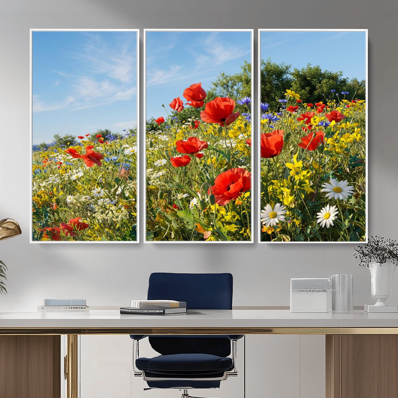 38570784-MGV-CV-36X24 - Wildflower Meadow Wall Art Canvas Print – Colorful Poppy and Daisy Field Landscape Artwork for Living Room Decor