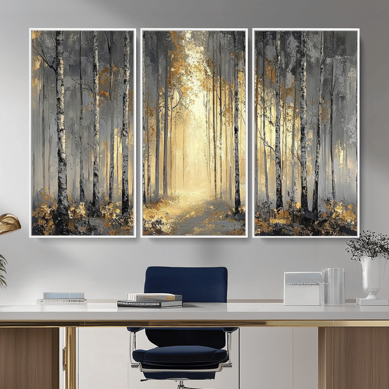 41017042-MGV-CV-36X24 - Abstract Birch Forest Wall Art Canvas Print – Modern Neutral Woodland Landscape Artwork for Living Room Decor