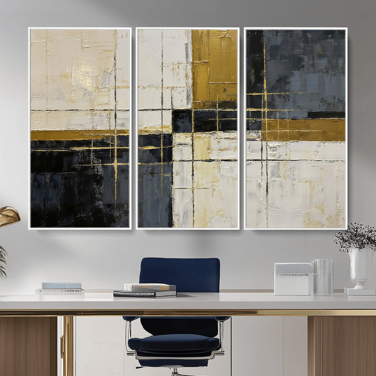 36097945-MGV-CV-36X24 - Abstract Gold and Black Wall Art Canvas Print – Modern Geometric Neutral Artwork for Living Room Decor